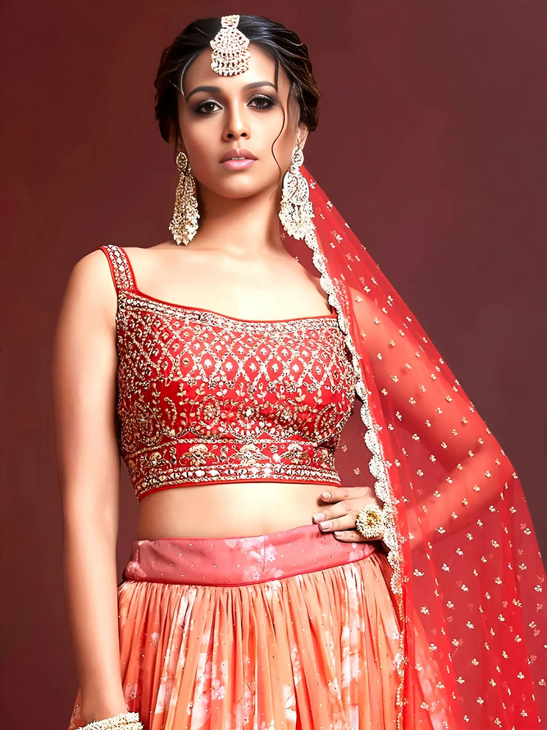 Astonishing Orange Digital Printed Organza Silk Lehenga Choli