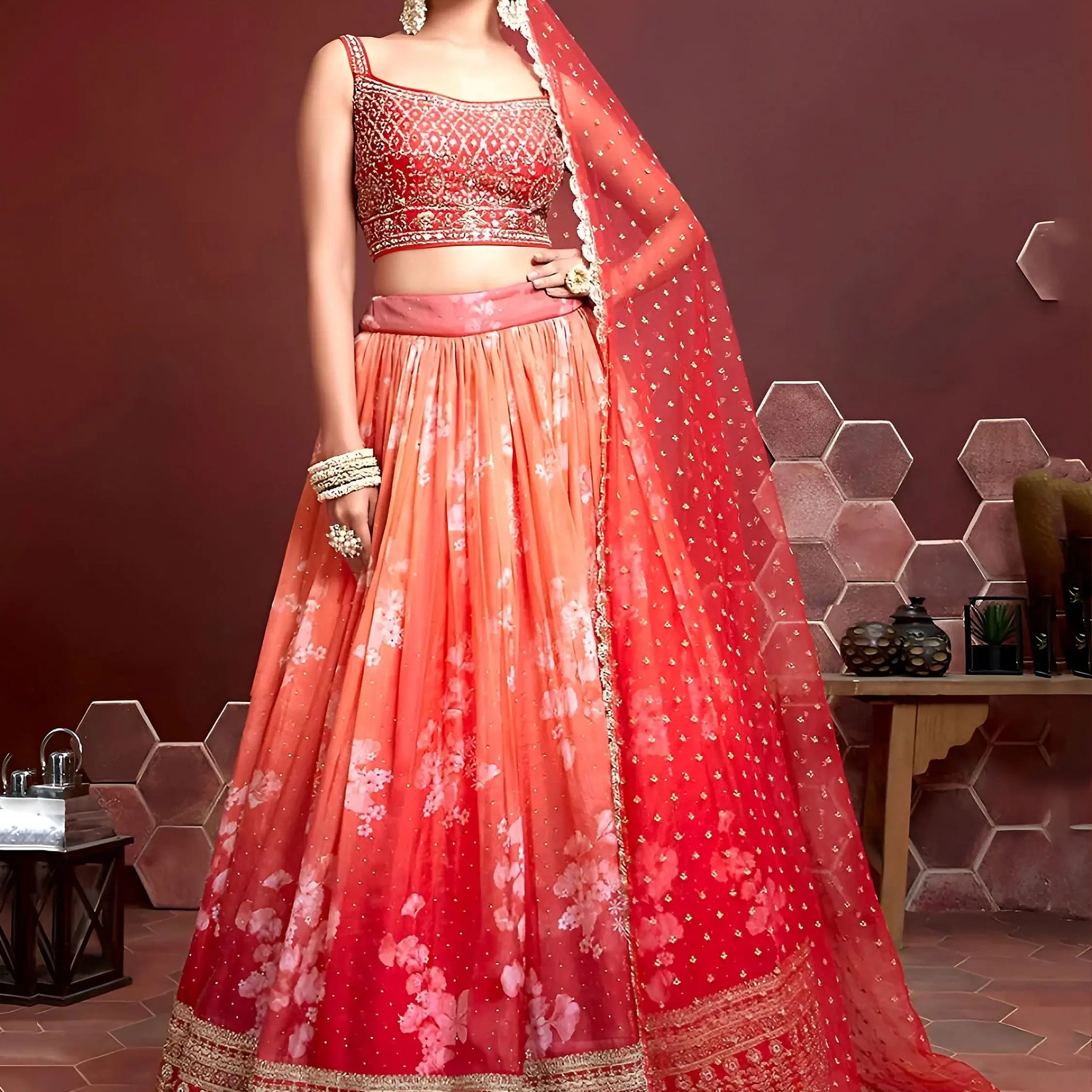 Astonishing Orange Digital Printed Organza Silk Lehenga Choli