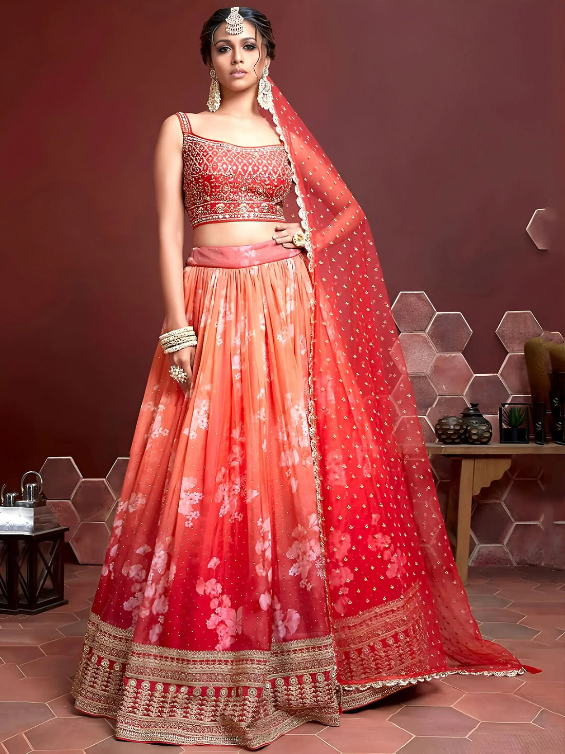 Astonishing Orange Digital Printed Organza Silk Lehenga Choli