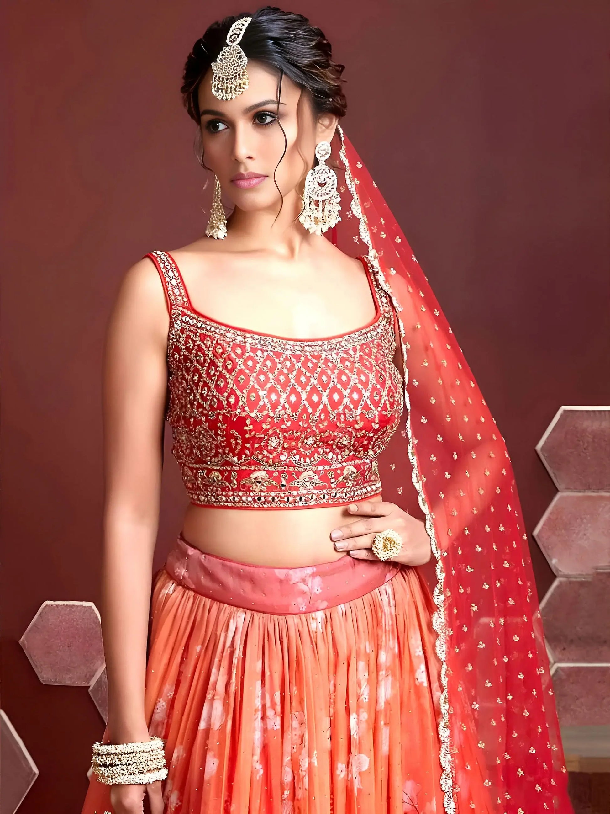 Astonishing Orange Digital Printed Organza Silk Lehenga Choli