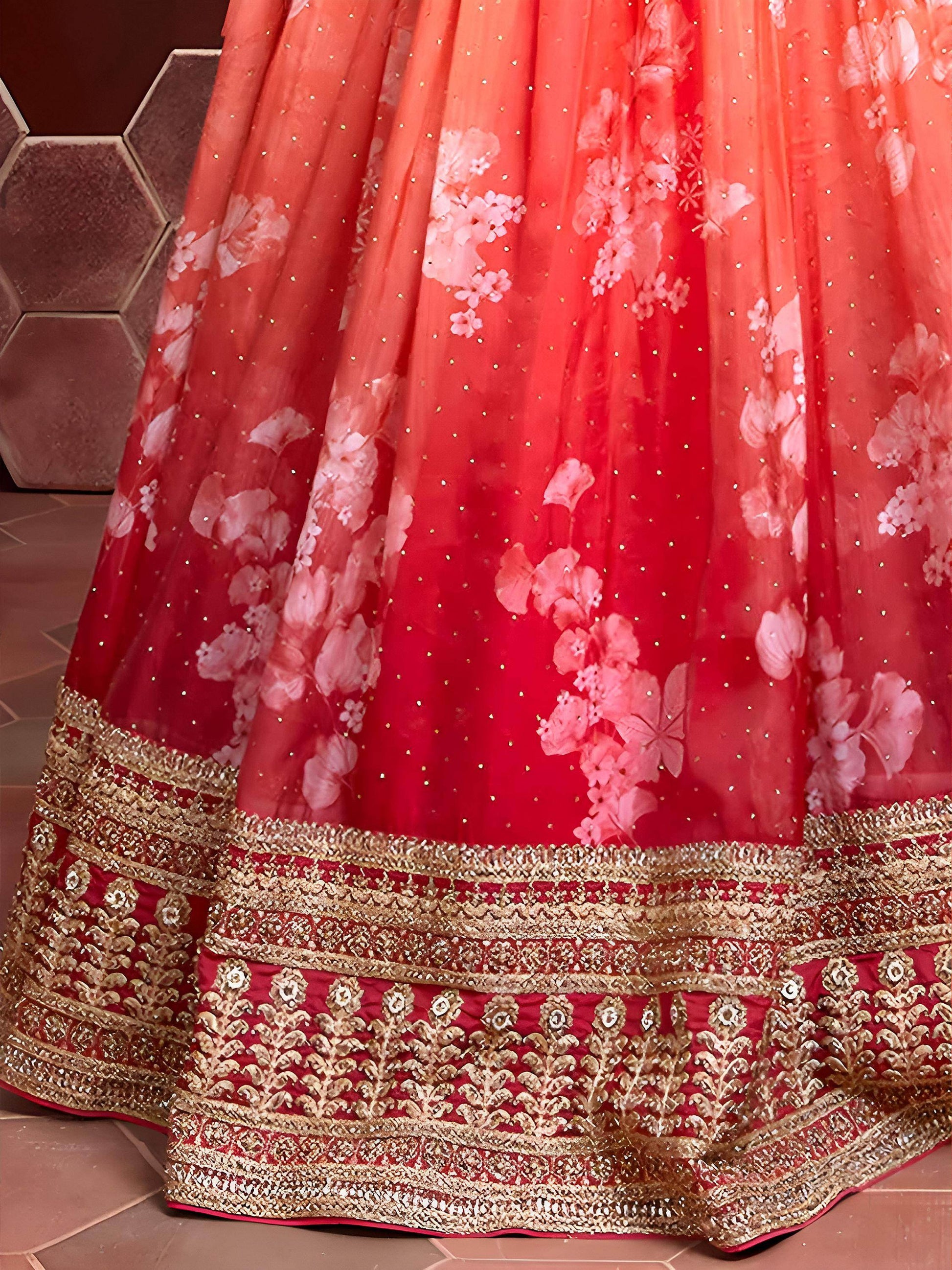 Astonishing Orange Digital Printed Organza Silk Lehenga Choli