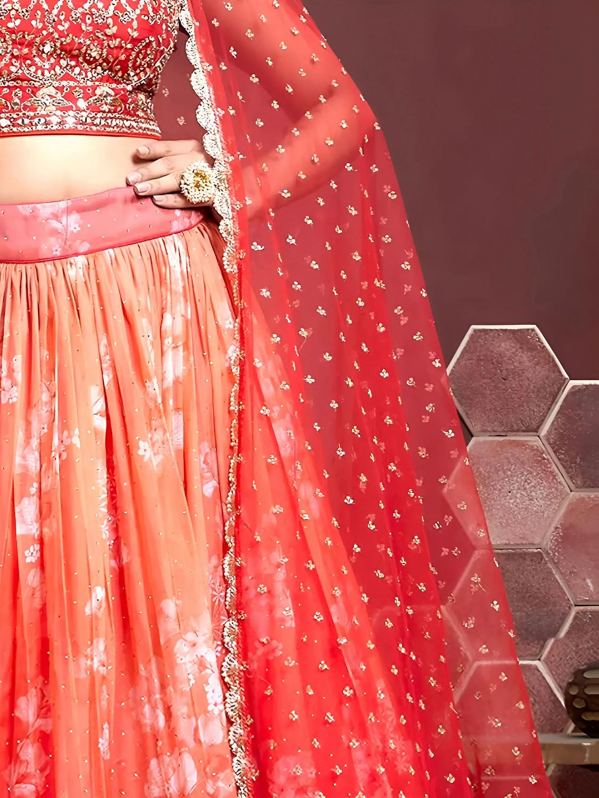 Astonishing Orange Digital Printed Organza Silk Lehenga Choli