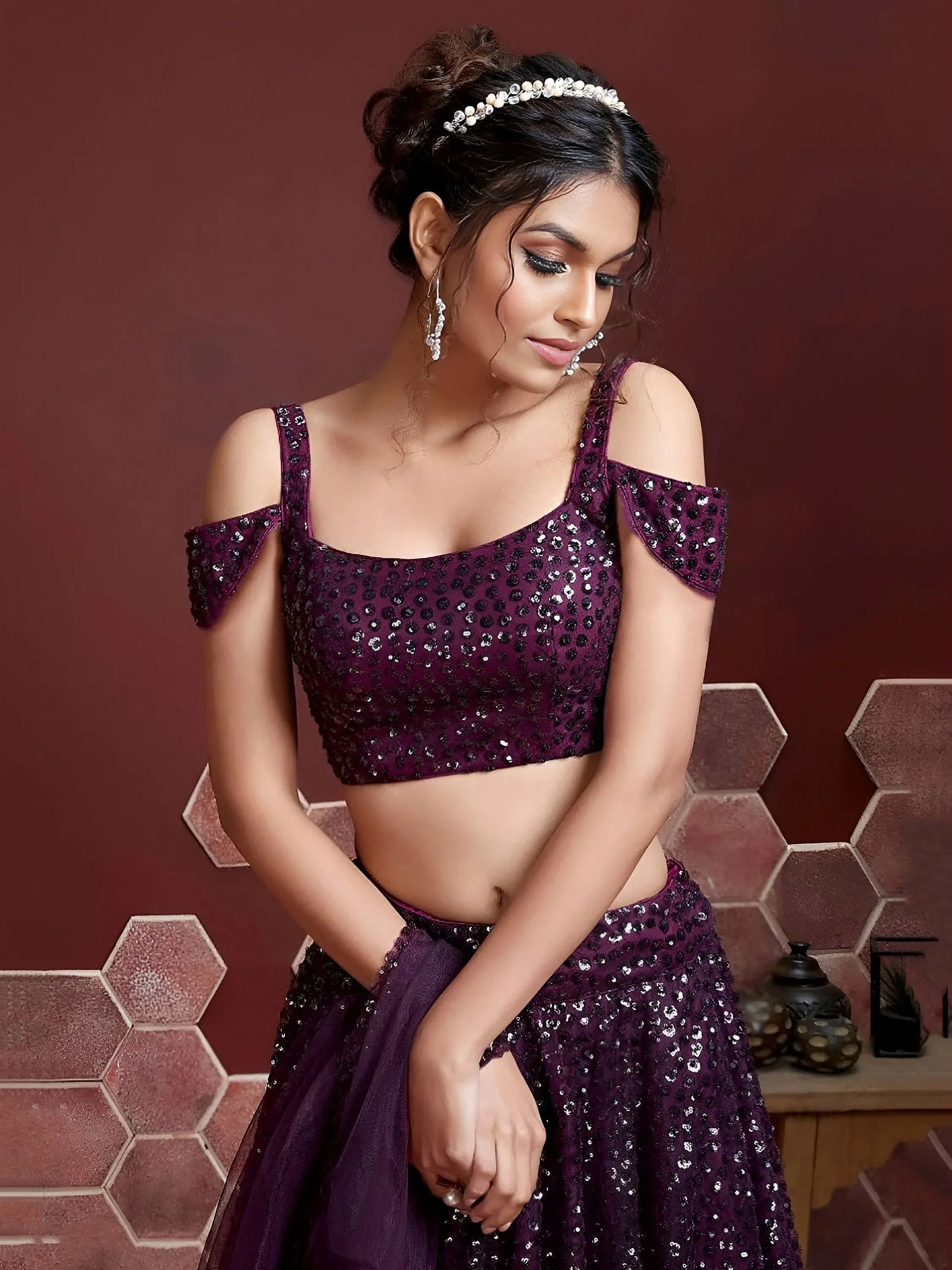 Elegant Purple Sequins Embroidered Net Party Wear Lehenga Choli