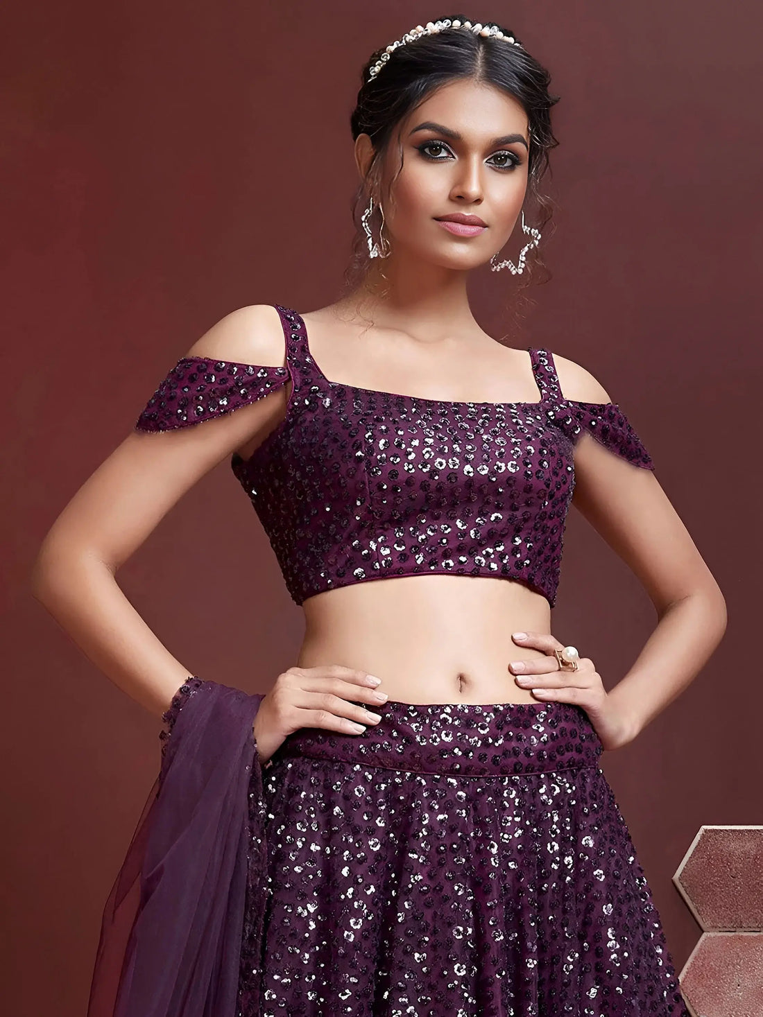 Elegant Purple Sequins Embroidered Net Party Wear Lehenga Choli