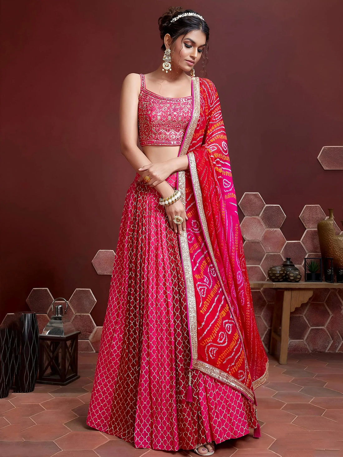 Remarkable Pink Sequins Embroidery Chinon Silk Lehenga Choli