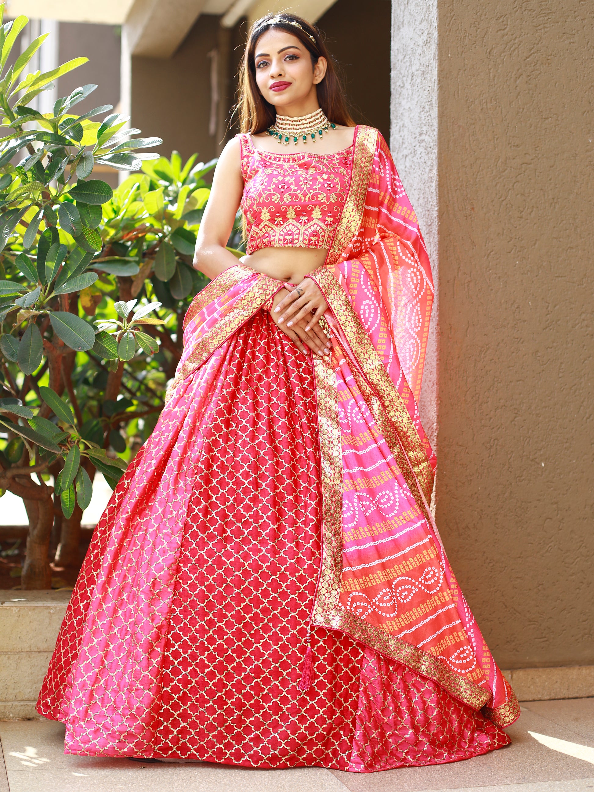 Fabulous Pink Embroidery Chinon Wedding Lehenga Choli With Dupatta