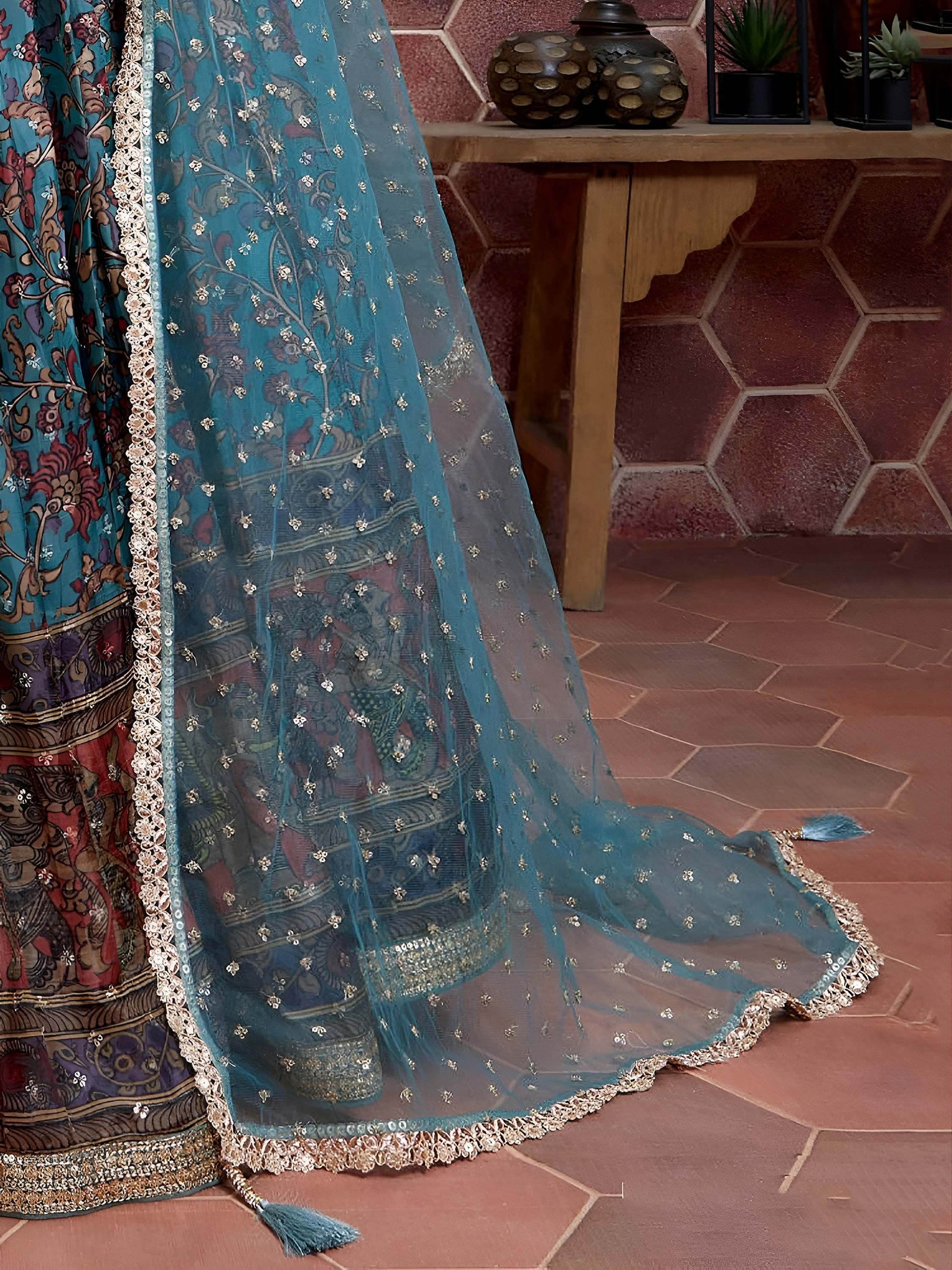 Stunning Sky Blue Printed Chinon Silk Reception Wear Lehenga Choli