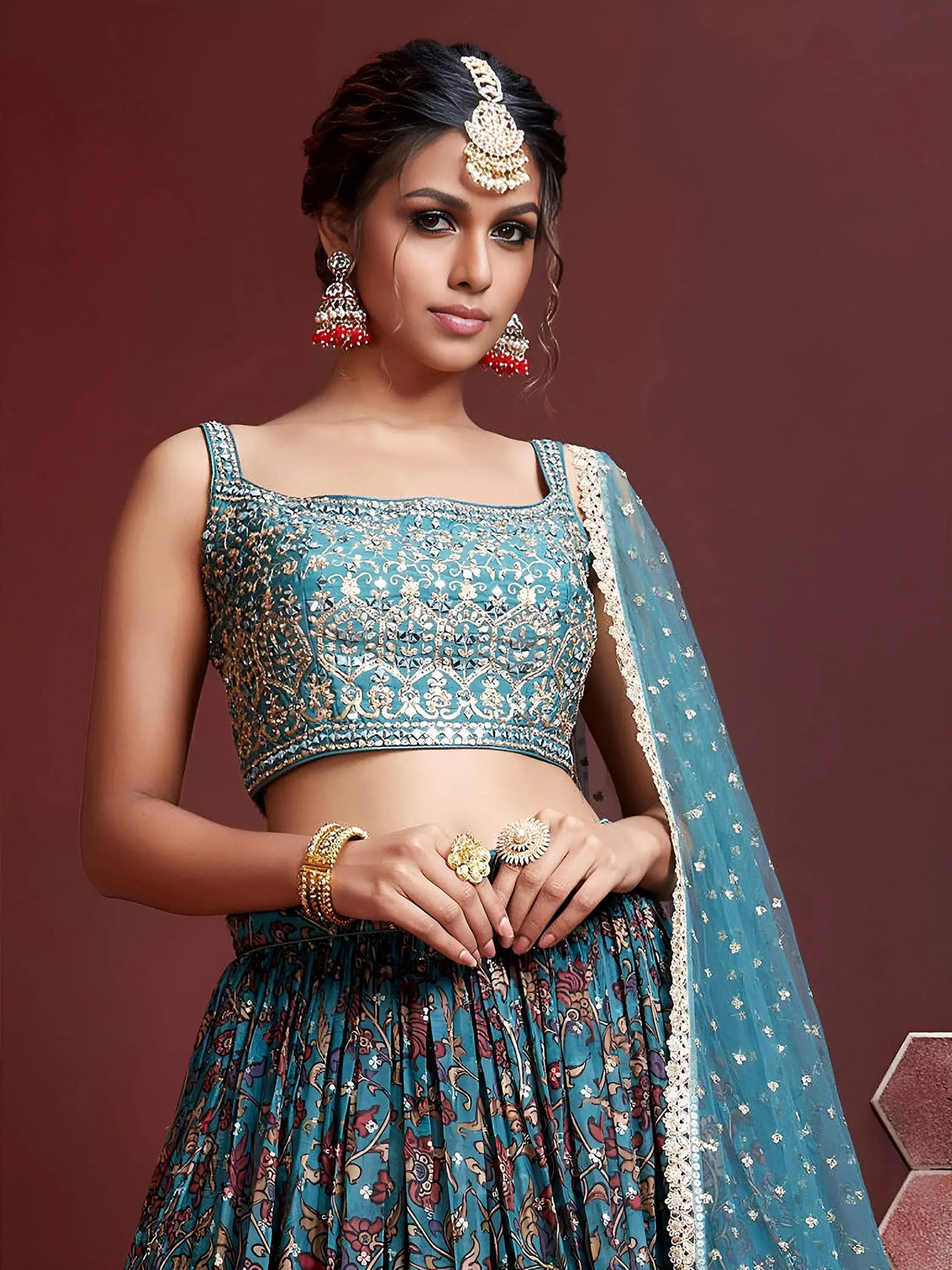 Stunning Sky Blue Printed Chinon Silk Reception Wear Lehenga Choli