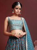 Stunning Sky Blue Printed Chinon Silk Reception Wear Lehenga Choli