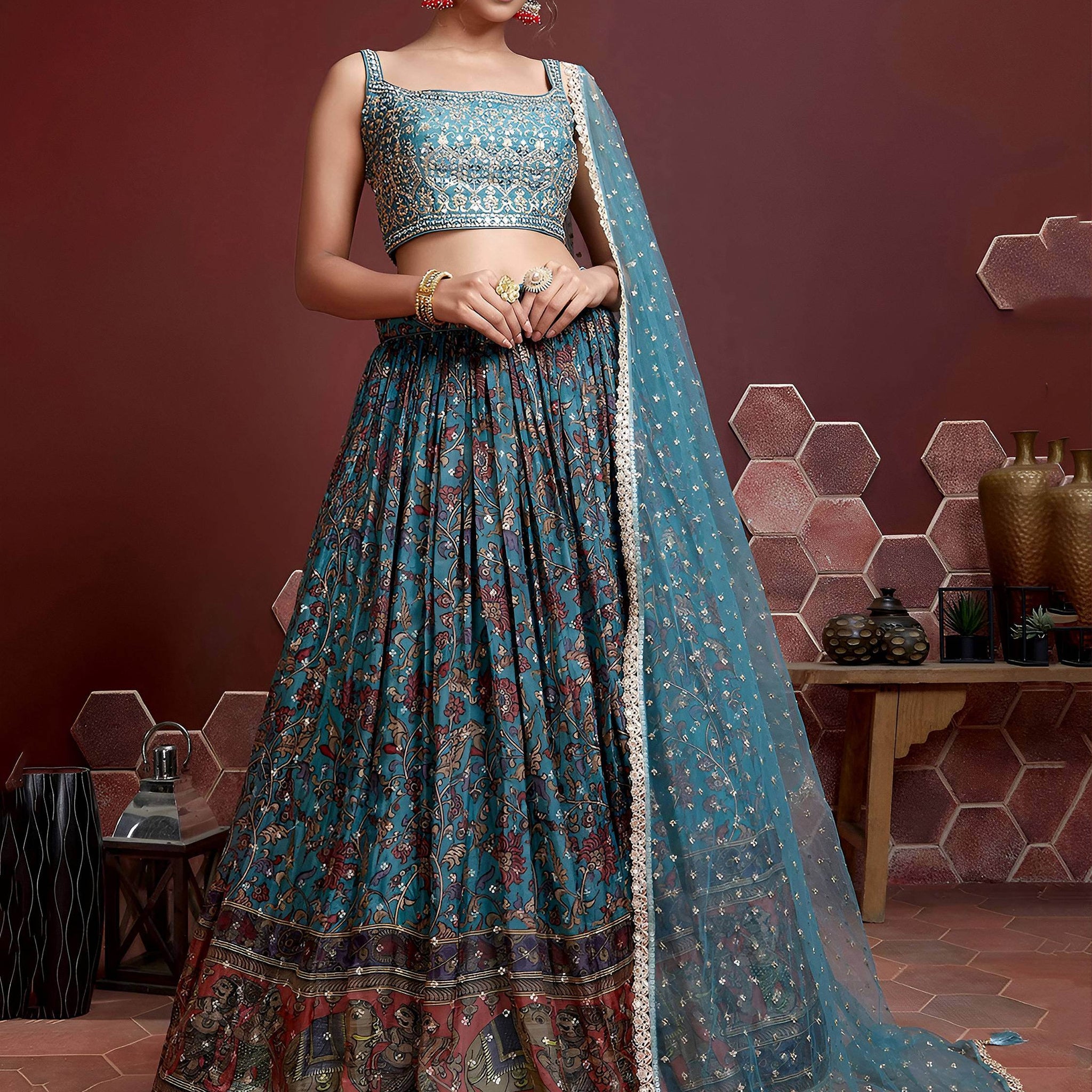 Stunning Sky Blue Printed Chinon Silk Reception Wear Lehenga Choli