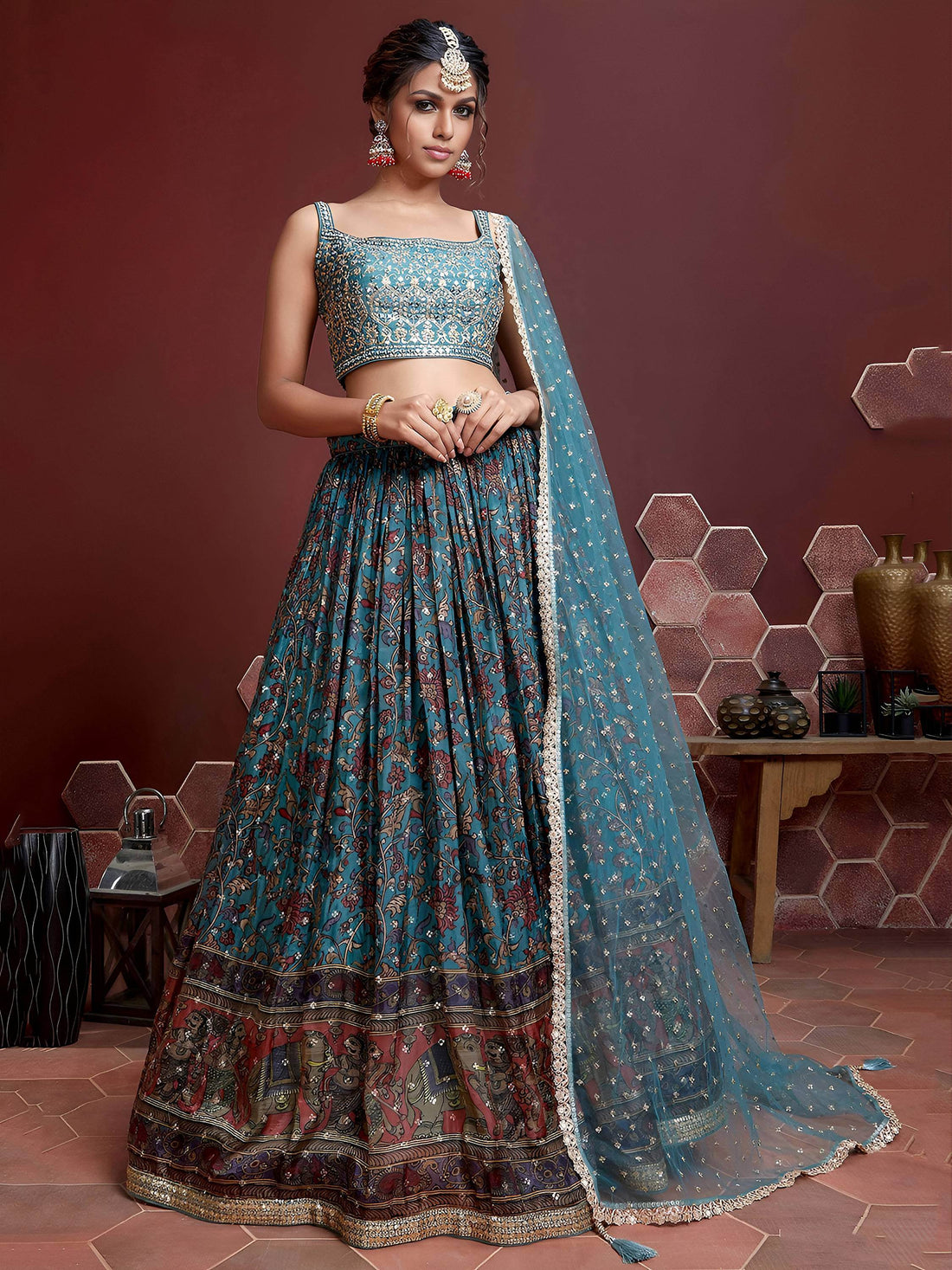 Stunning Sky Blue Printed Chinon Silk Reception Wear Lehenga Choli
