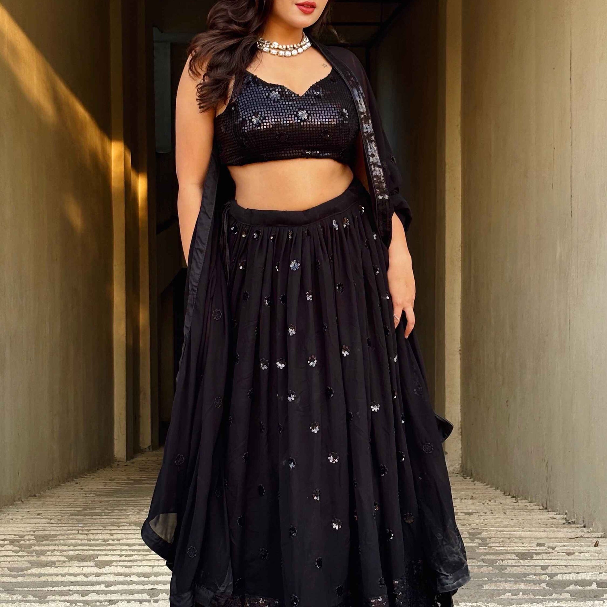 Attractive Black Sequins Georgette Party Wear Lehenga Choli