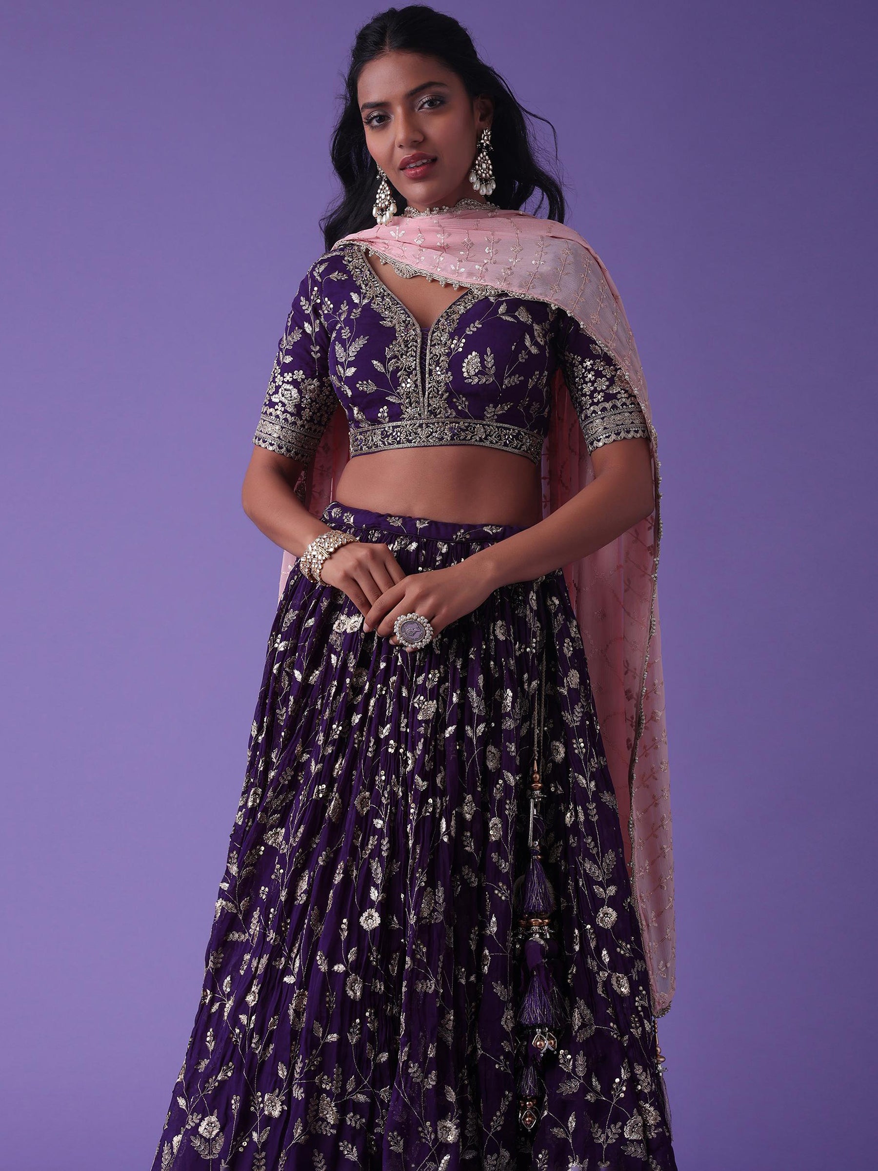 Lovely Purple Zari Embroidered Georgette Wedding Wear Lehenga Choli