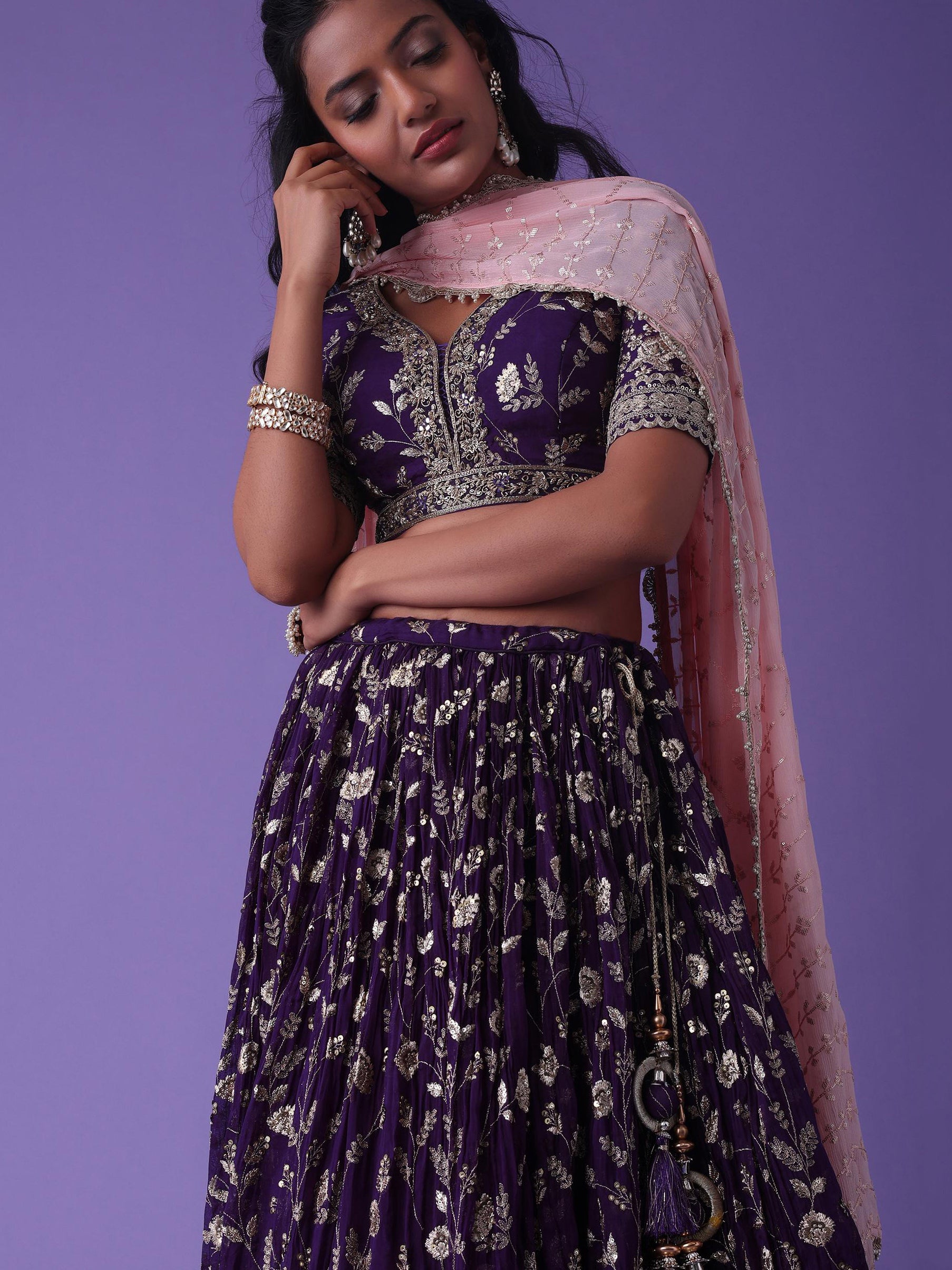 Lovely Purple Zari Embroidered Georgette Wedding Wear Lehenga Choli