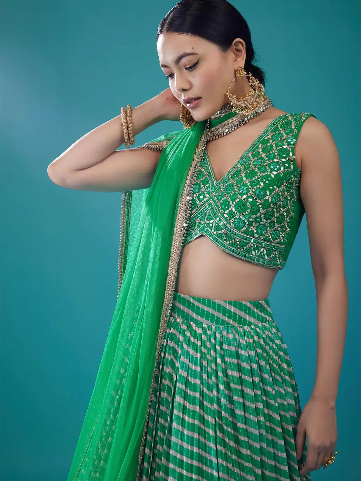 Classy Green Leheriya Printed Organza Evening Wear Lehenga With Blouse