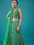 Classy Green Leheriya Printed Organza Evening Wear Lehenga With Blouse