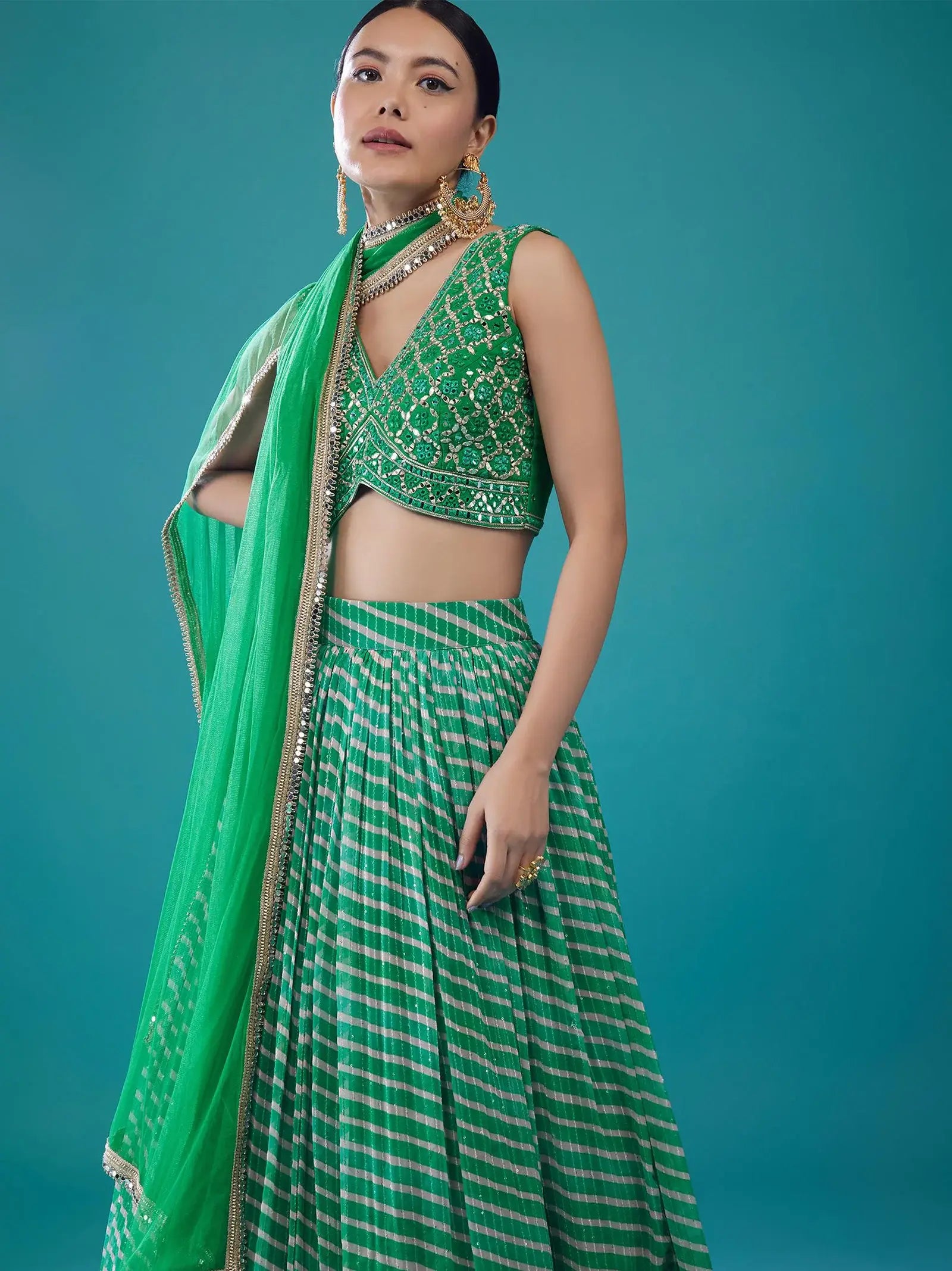 Classy Green Leheriya Printed Organza Evening Wear Lehenga With Blouse
