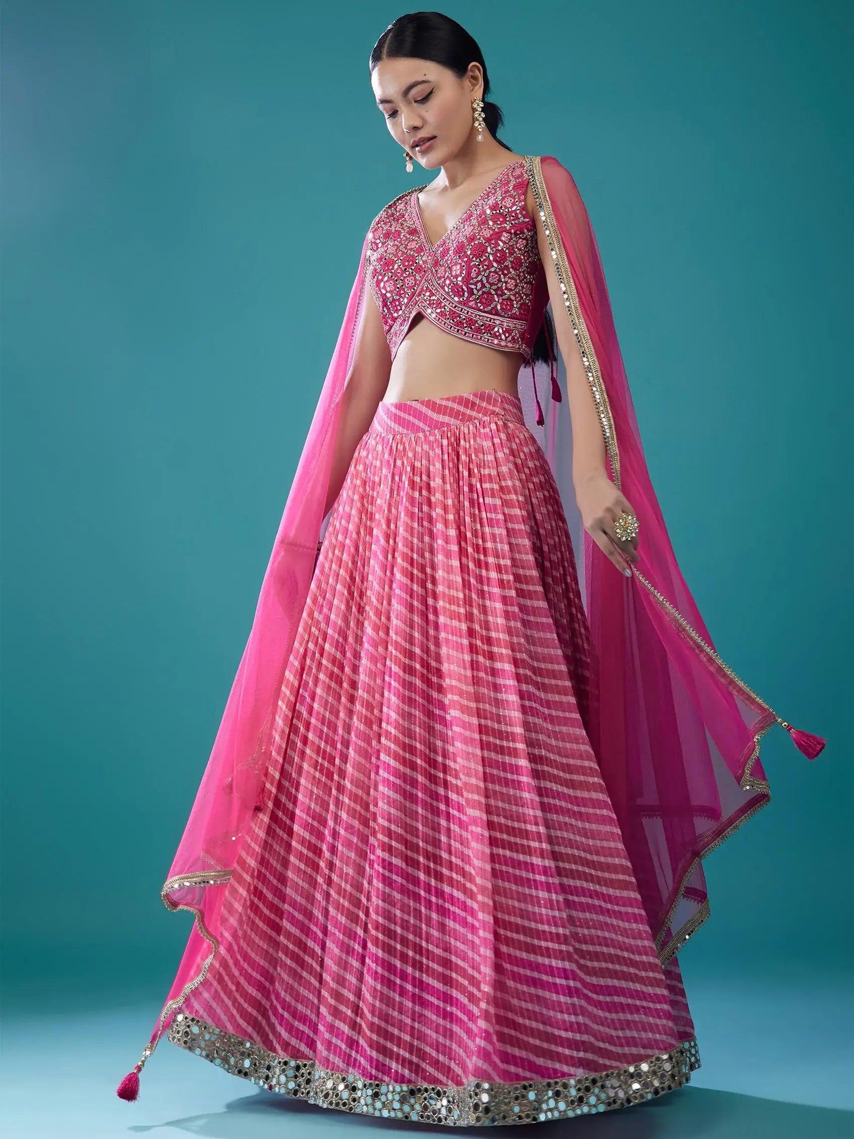 Great Pink Organza Reception Wear Lehenga With Mirror Work Choli