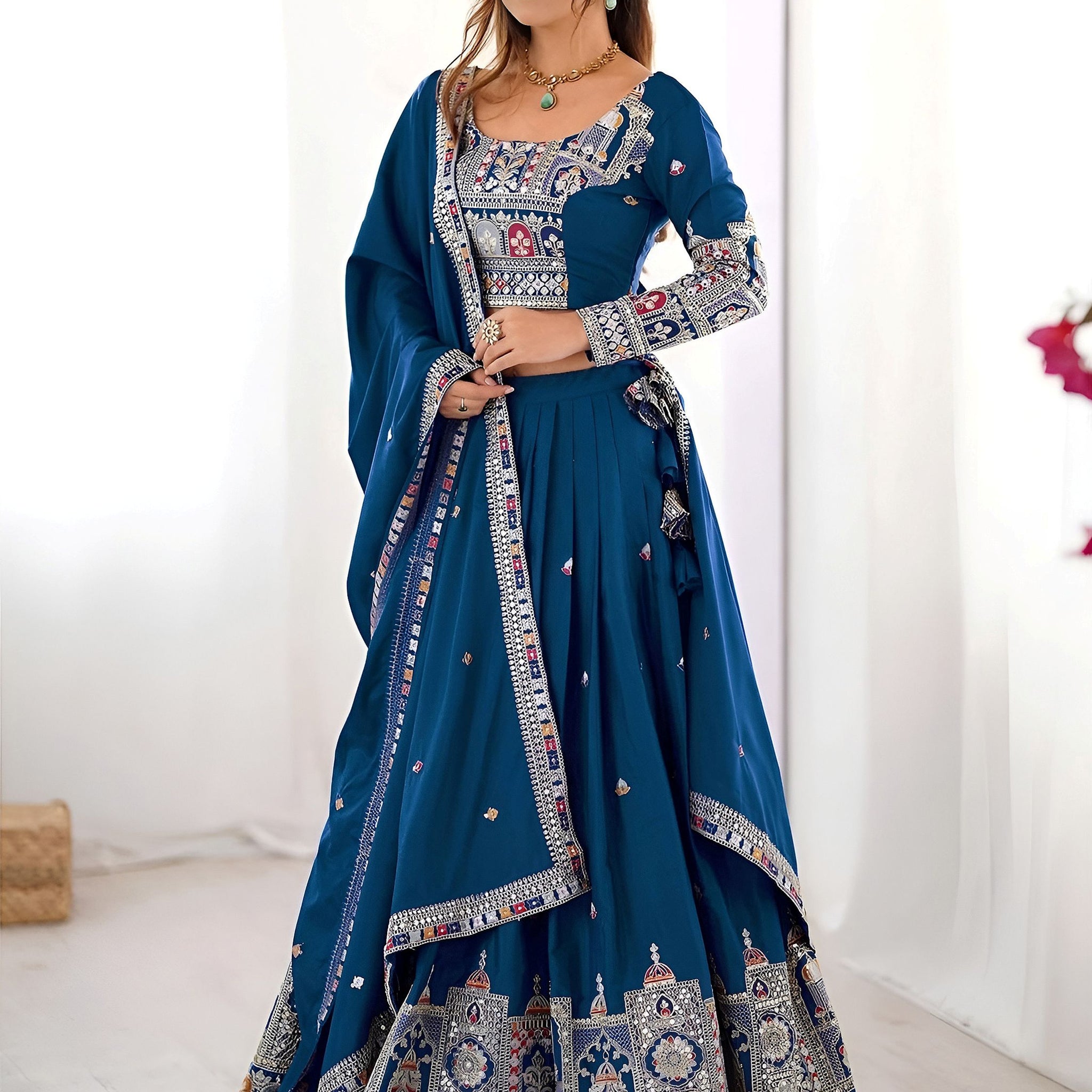 Classy Dove Blue Sequins Work Crepe Silk Bridesmaid Lehenga Choli With Dupatta