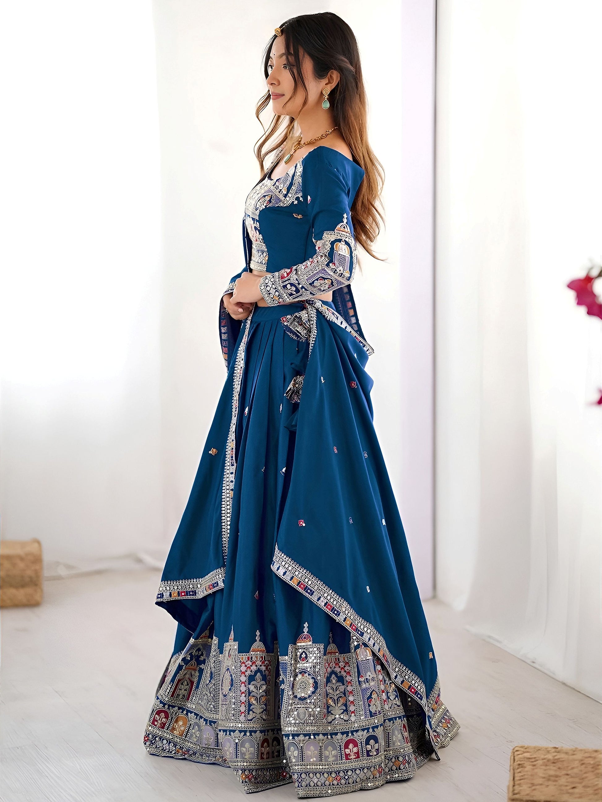 Classy Dove Blue Sequins Work Crepe Silk Bridesmaid Lehenga Choli With Dupatta