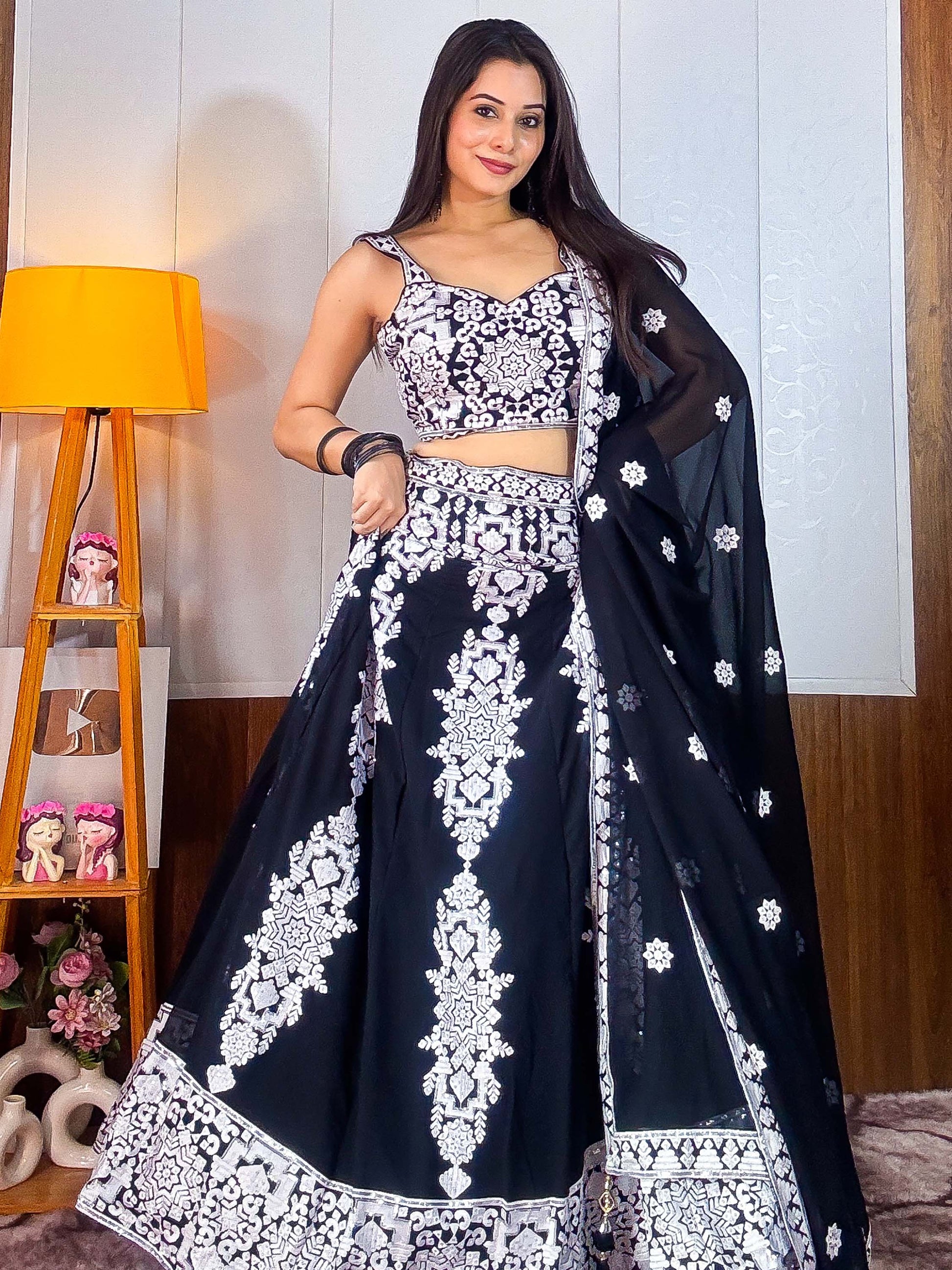 Tantalizing Black Thread Work Georgette Designer Lehenga Choli