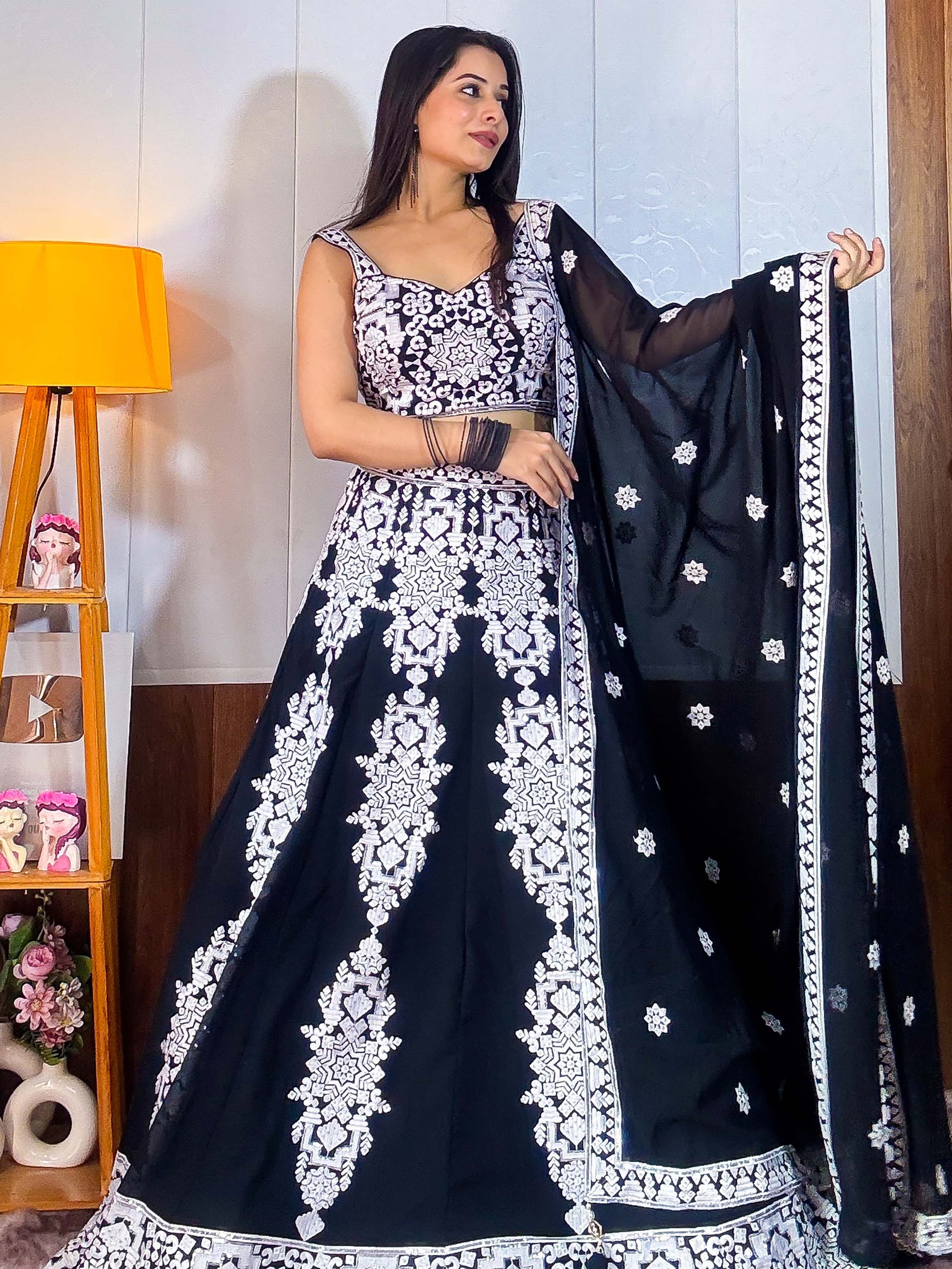 Tantalizing Black Thread Work Georgette Designer Lehenga Choli