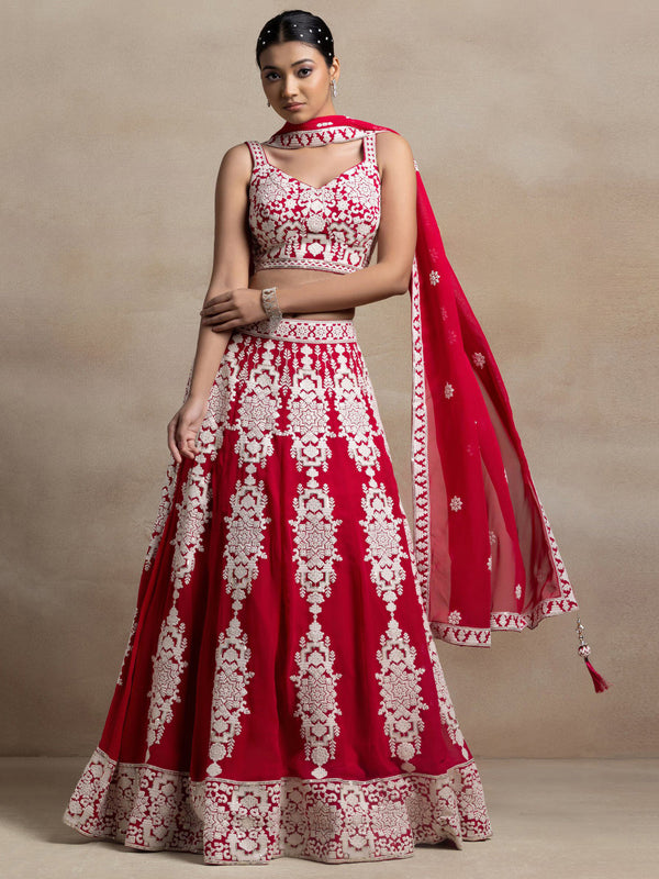 Bewitching Red Thread Work Georgette Wedding Wear Lehenga Choli