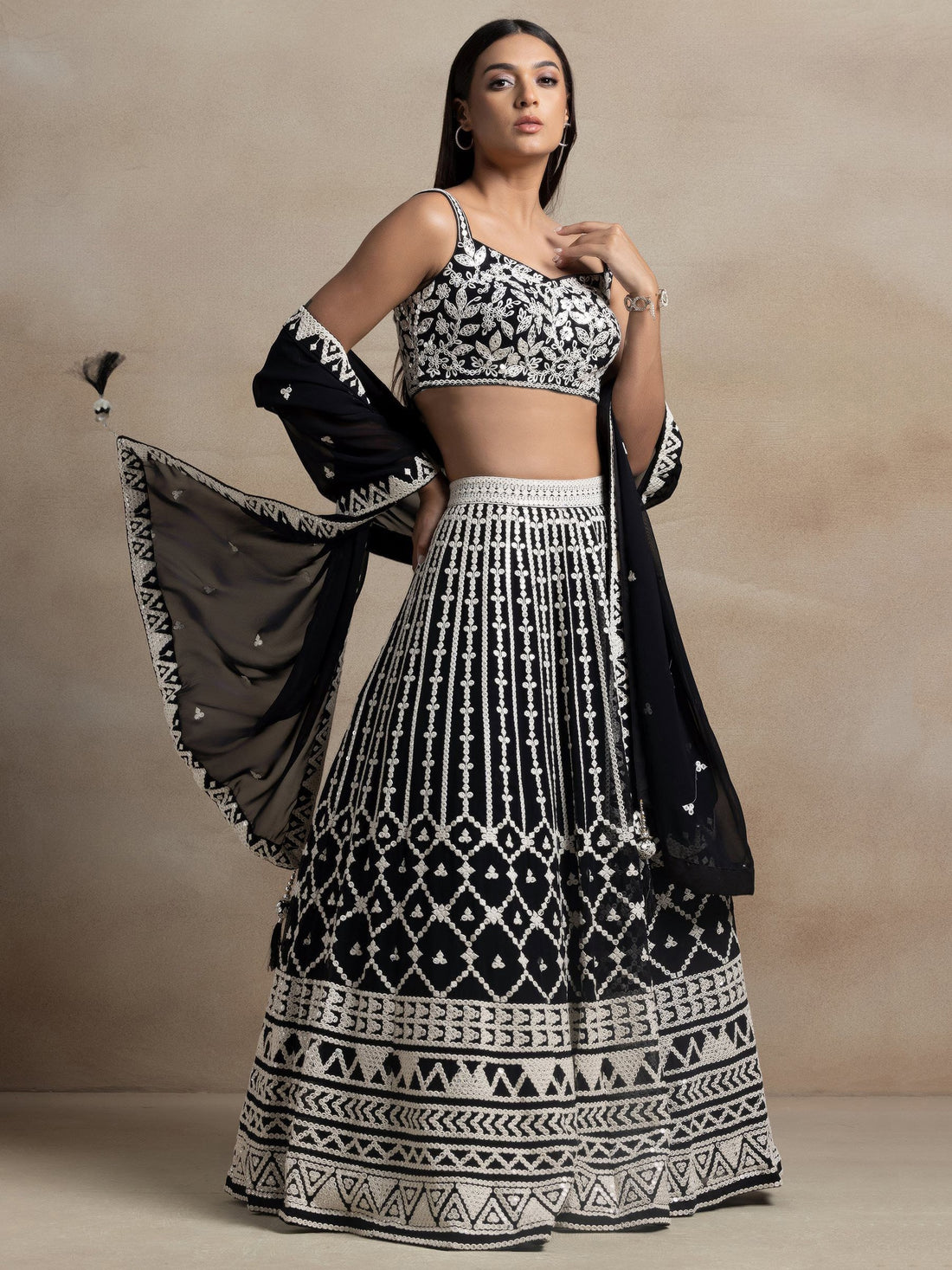 Precious Black Thread Work Georgette Engagement Wear Lehenga Choli