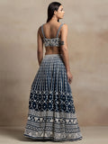 Beautiful Navy Blue Thread Work Georgette Reception Wear Lehenga Choli