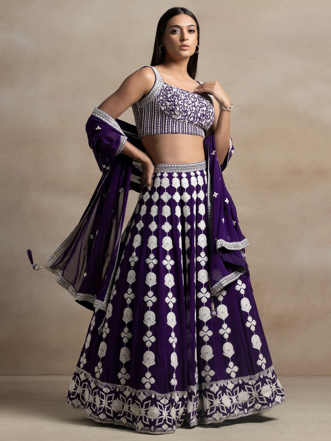 Mesmerizing Purple Thread Work Georgette Engagement Wear Lehenga Choli With Dupatta