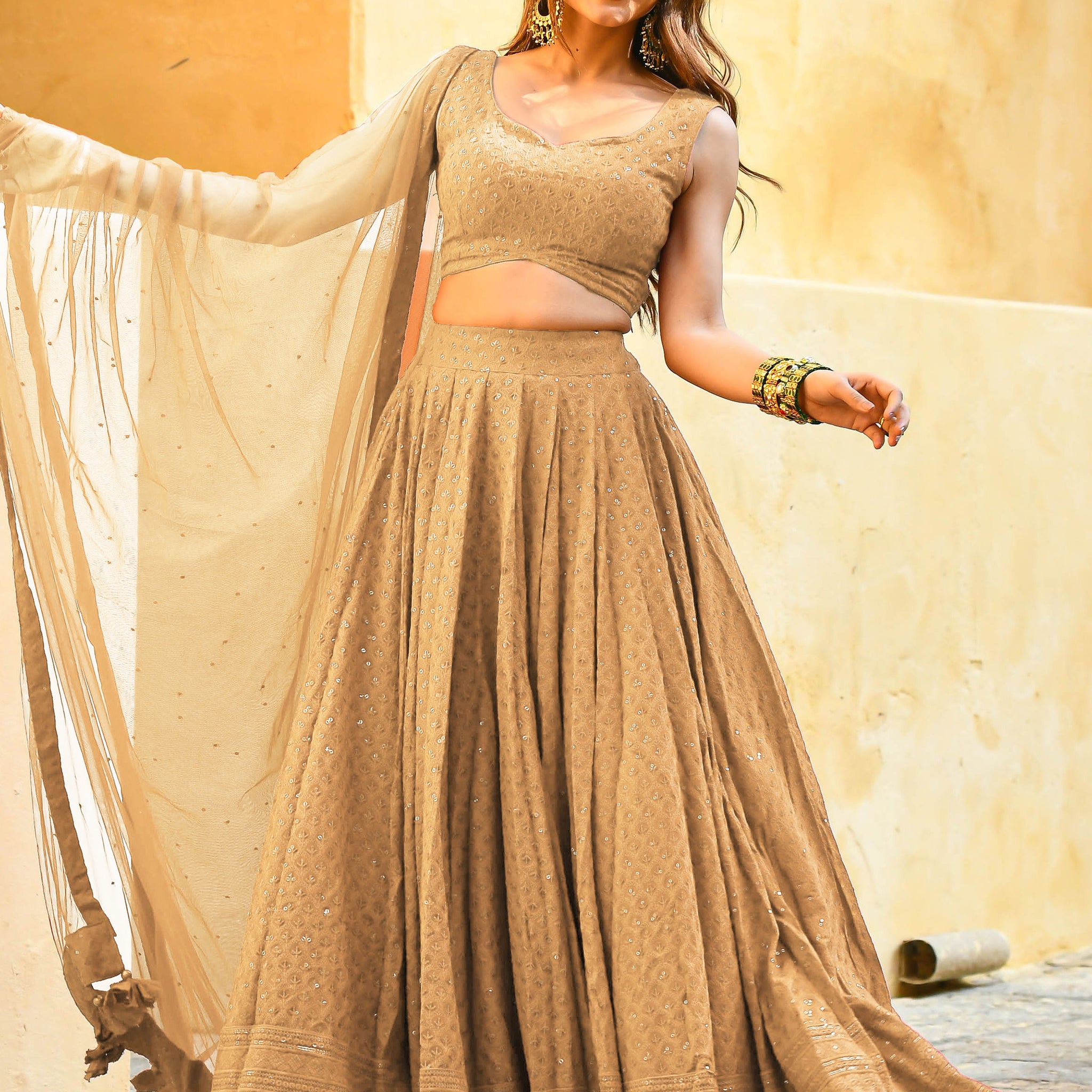 Precious Beige Thread Embroidered Georgette Festive Wear Lehenga Choli