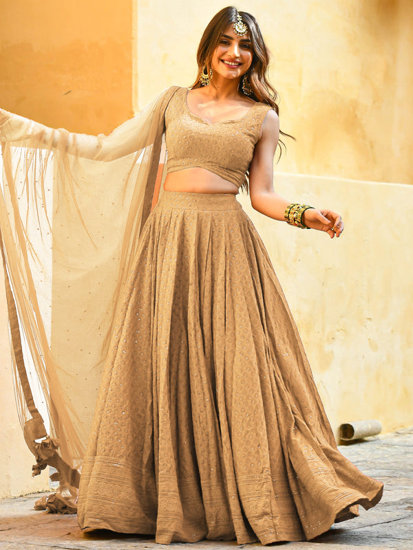 Precious Beige Thread Embroidered Georgette Festive Wear Lehenga Choli