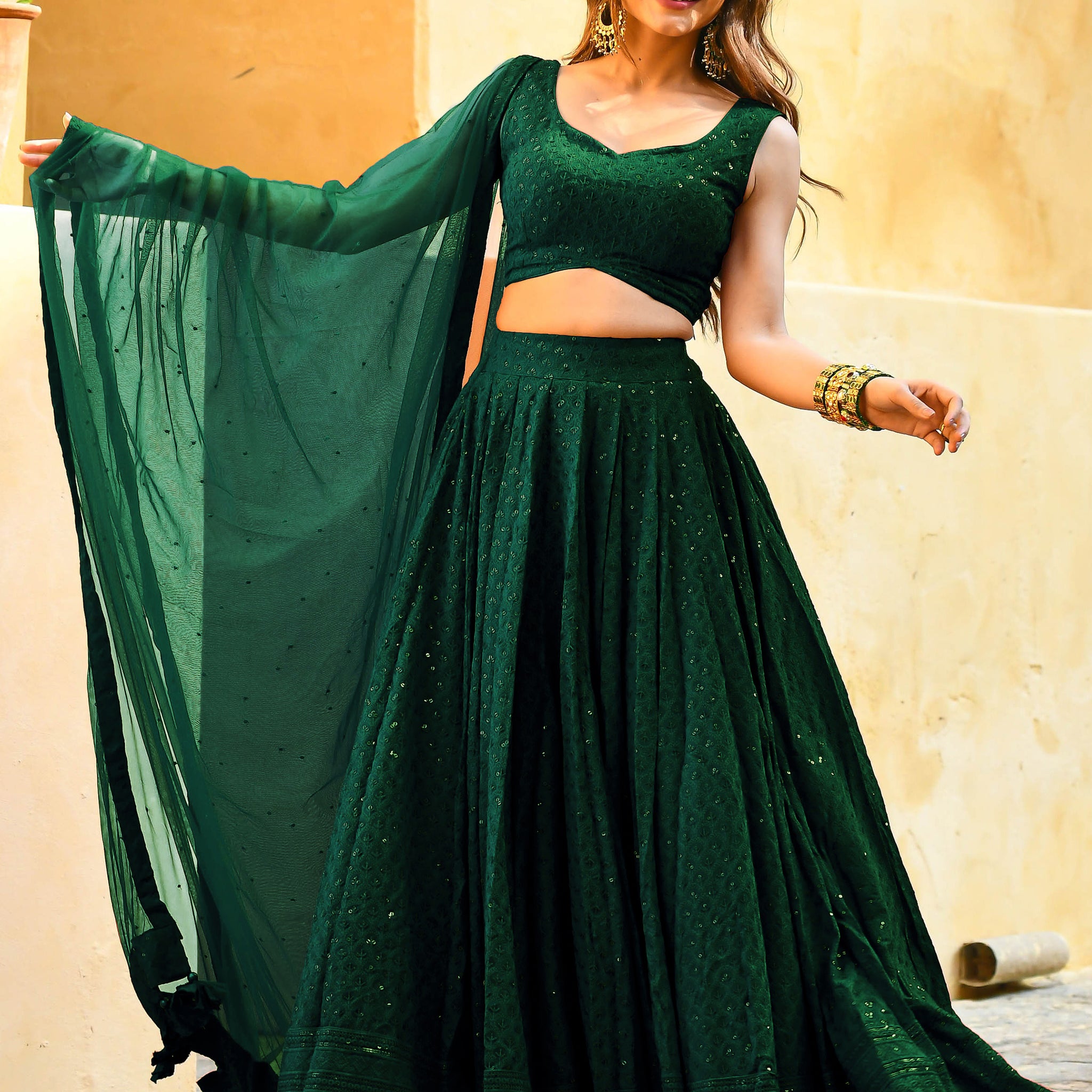 Beautiful Bottle Green Sequins Georgette Party Wear Lehenga Choli With dupatta