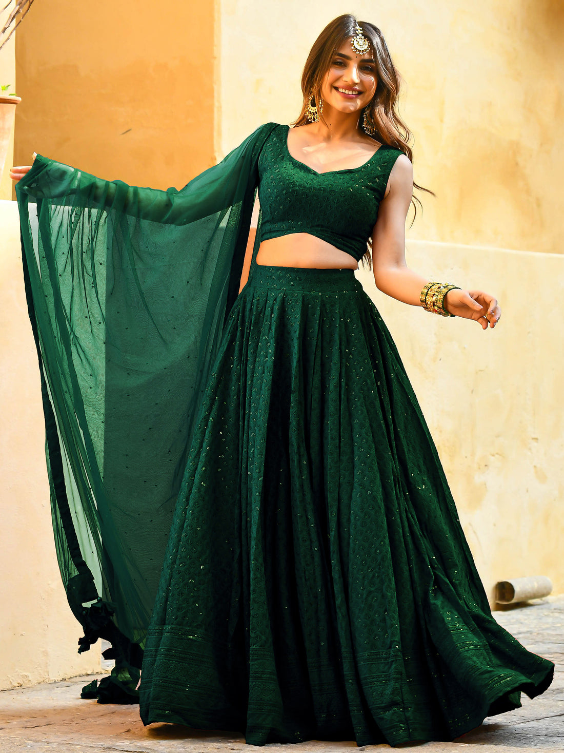 Beautiful Bottle Green Sequins Georgette Party Wear Lehenga Choli With dupatta
