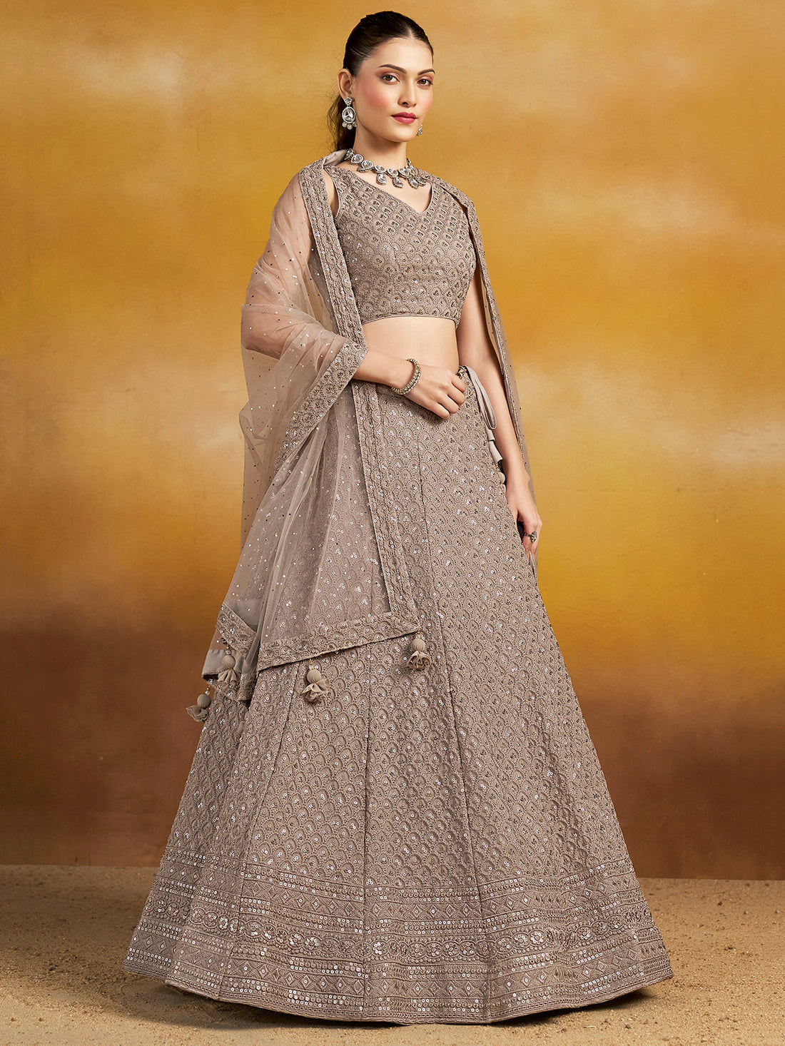 Lovely Grey Thread Embroidered Georgette Lehenga Choli With Dupatta