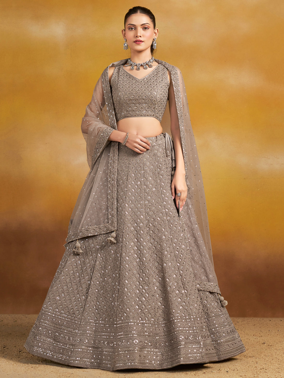 Lovely Grey Thread Embroidered Georgette Lehenga Choli With Dupatta