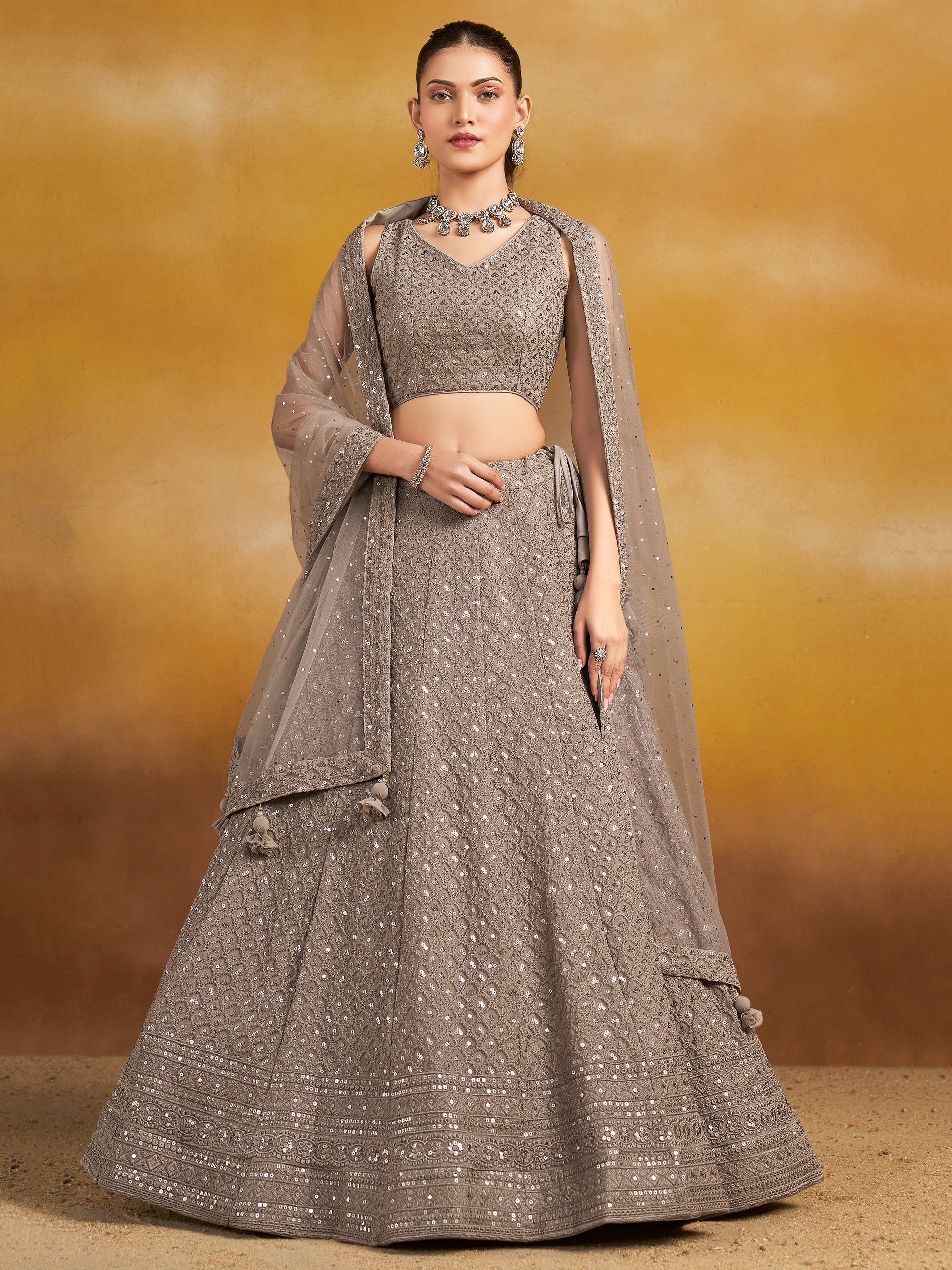 Lovely Grey Thread Embroidered Georgette Lehenga Choli With Dupatta