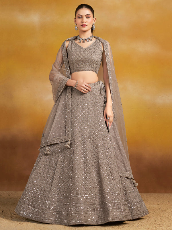Lovely Grey Thread Embroidered Georgette Lehenga Choli With Dupatta