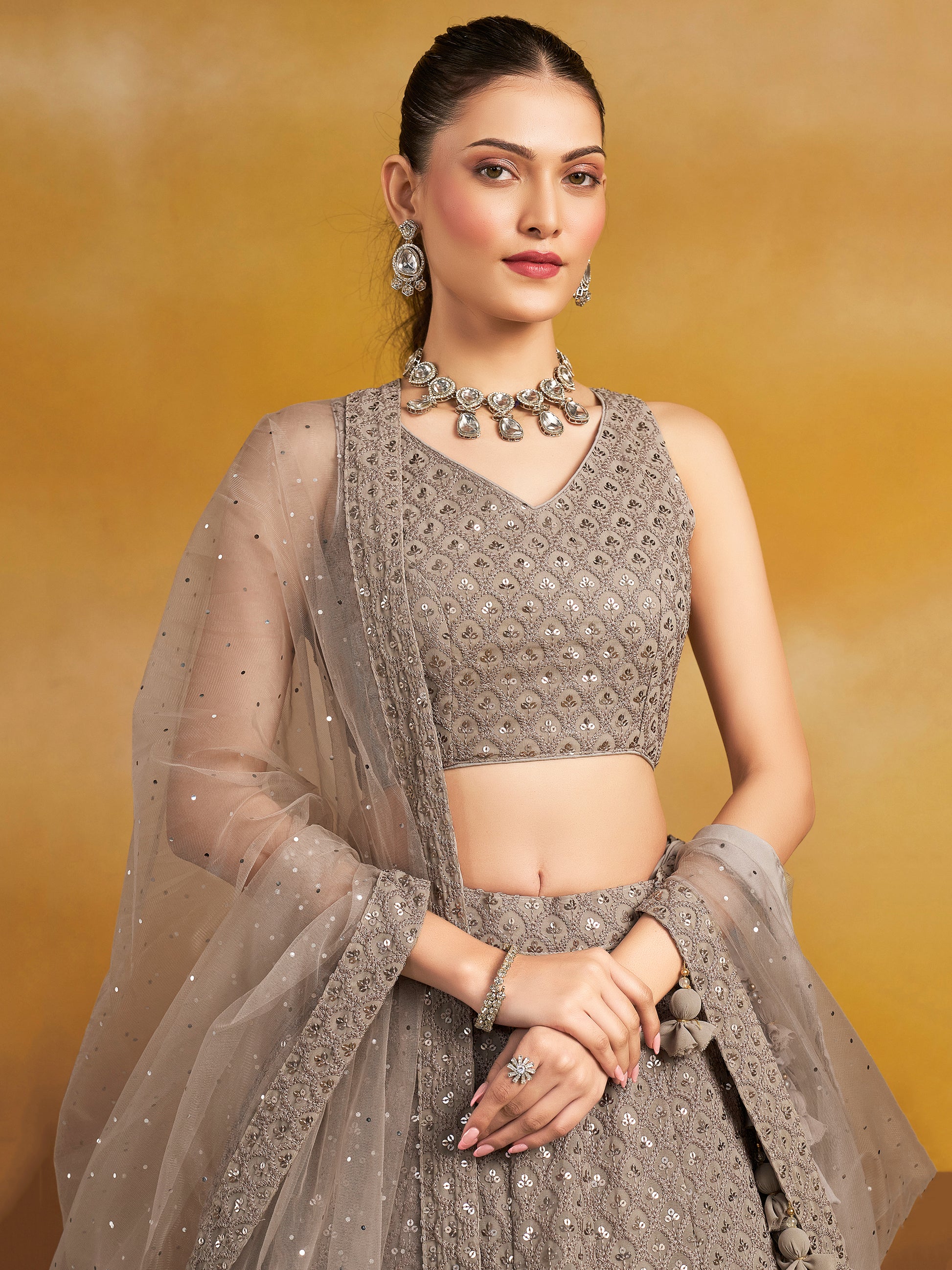 Lovely Grey Thread Embroidered Georgette Lehenga Choli With Dupatta