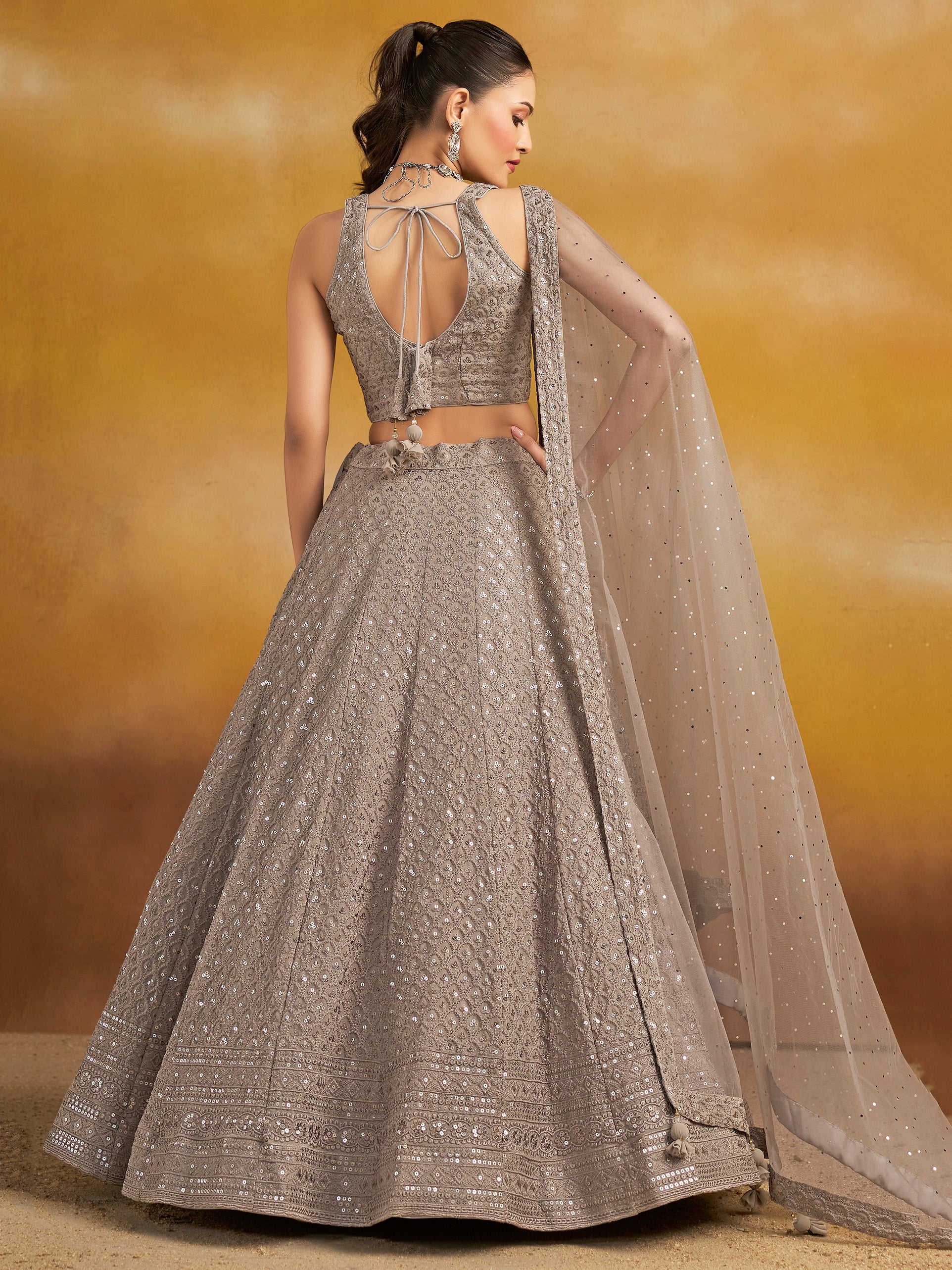 Lovely Grey Thread Embroidered Georgette Lehenga Choli With Dupatta