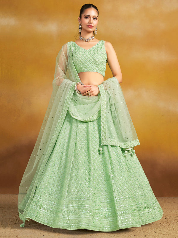 Amazing Mint Green Thread Work Georgette Event Wear Lehenga Choli