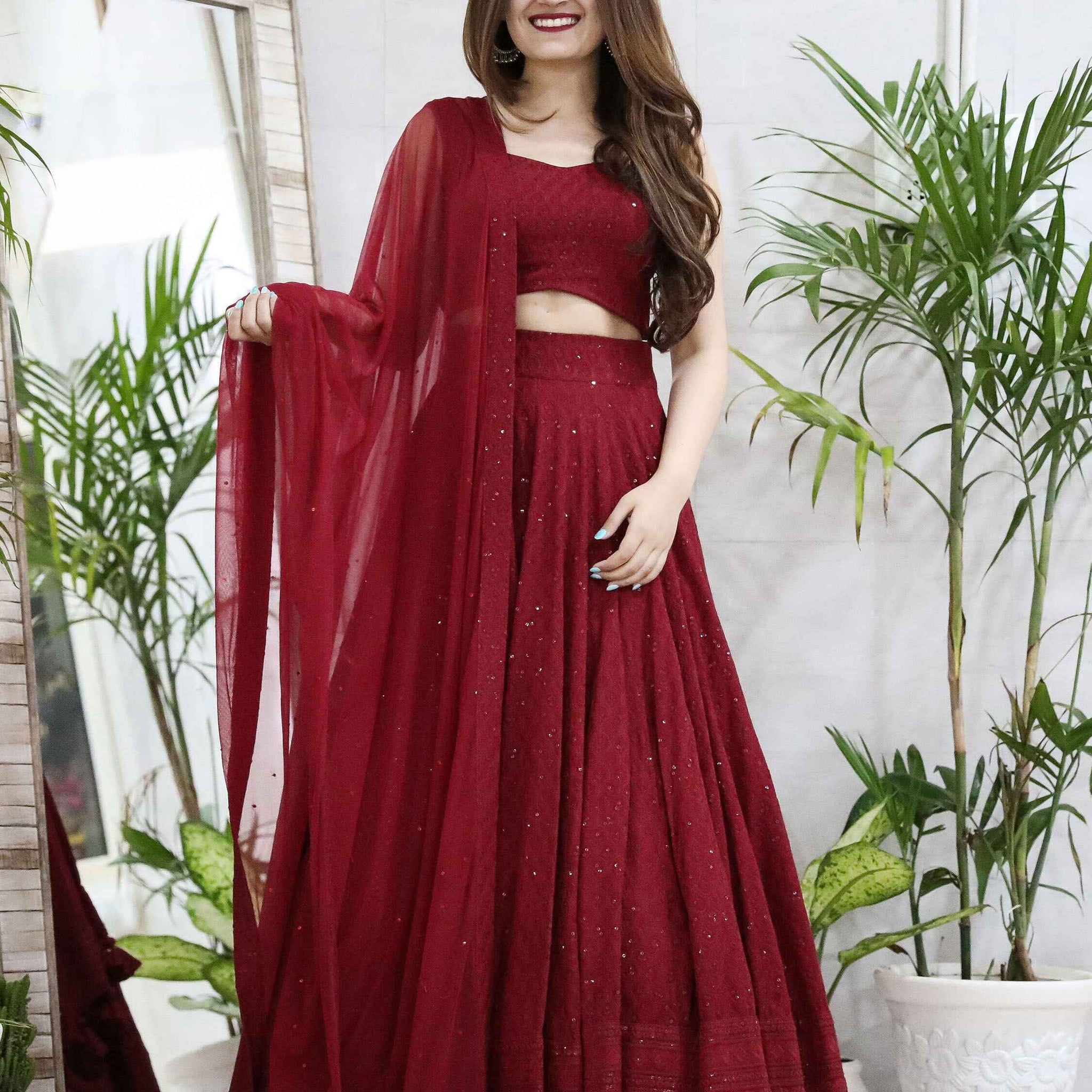 Delightful Maroon Sequins Georgette Wedding Lehenga Choli With Dupatta