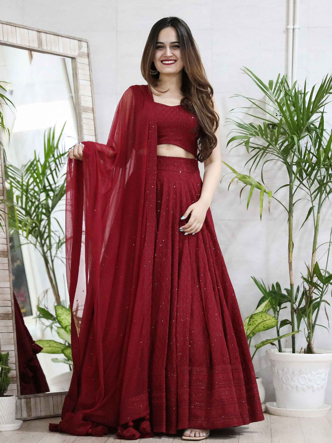 Delightful Maroon Sequins Georgette Wedding Lehenga Choli With Dupatta