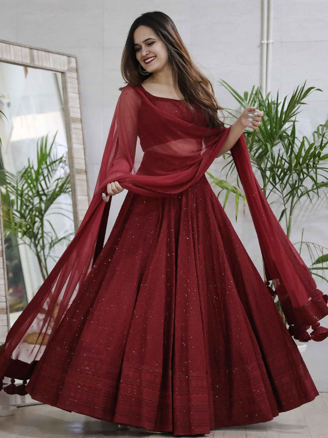 Delightful Maroon Sequins Georgette Wedding Lehenga Choli With Dupatta