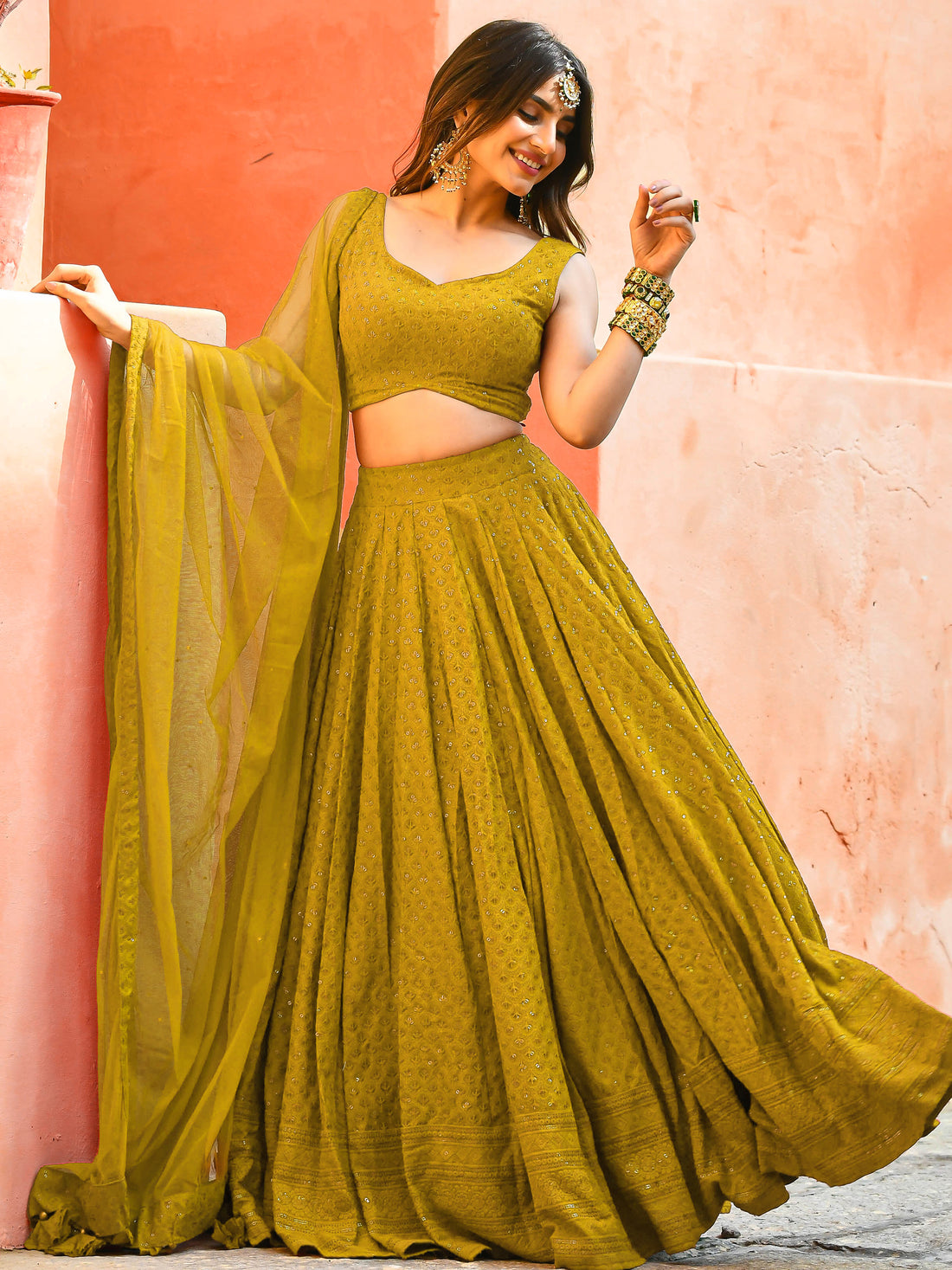Stunning Yellow Sequins Work Georgette Haldi Wear Lehenga Choli