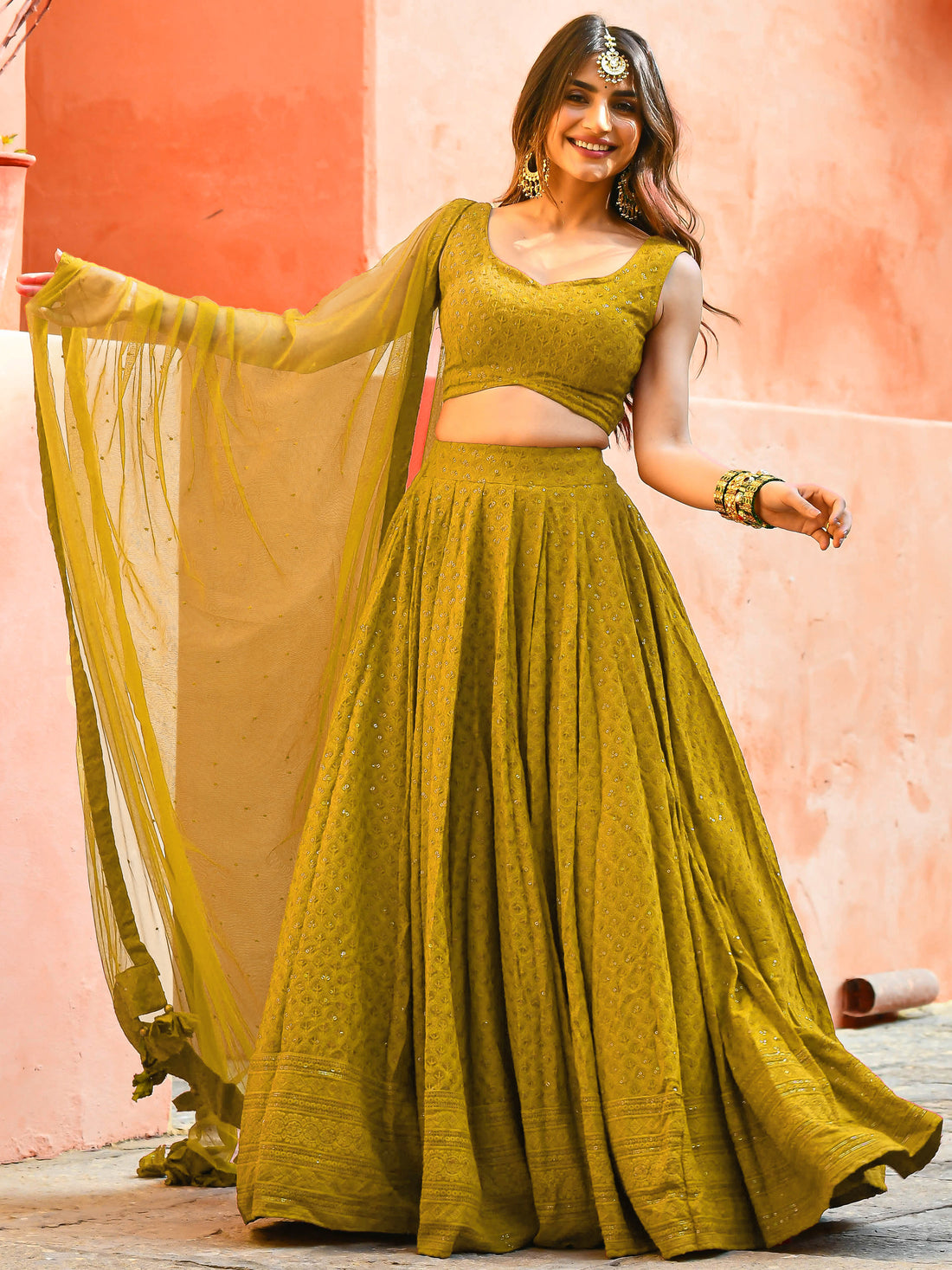 Stunning Yellow Sequins Work Georgette Haldi Wear Lehenga Choli