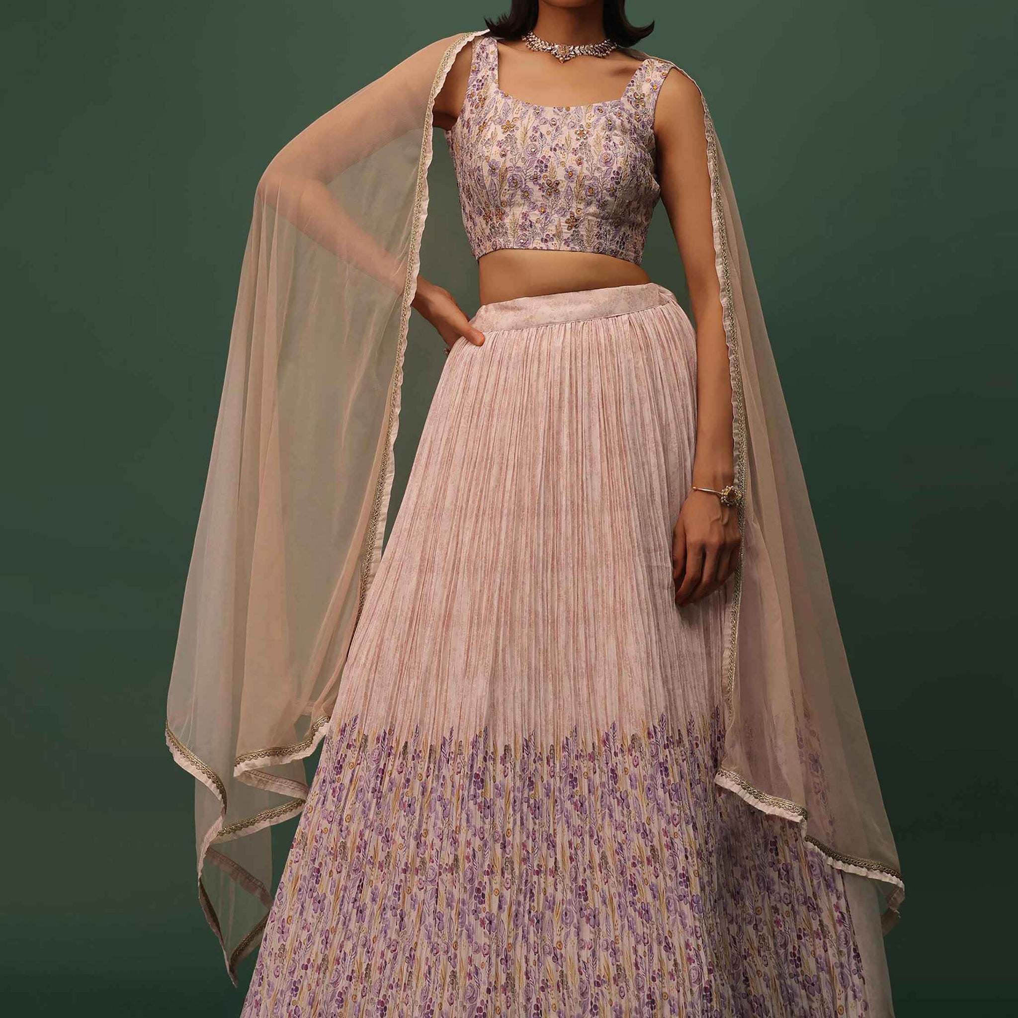 Enjoyable Peach Floral Printed Georgette Wedding Wear Lehenga Choli