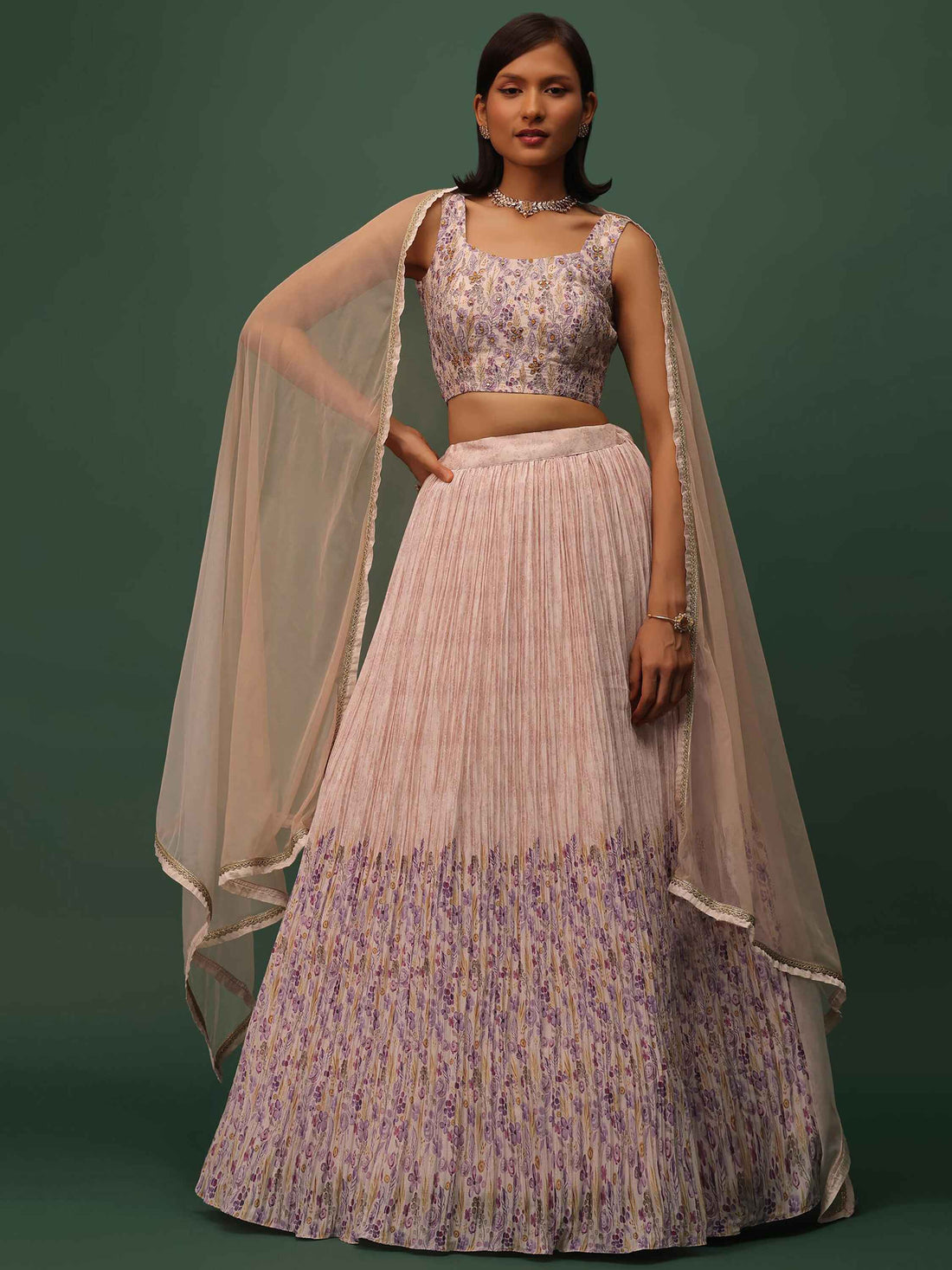 Enjoyable Peach Floral Printed Georgette Wedding Wear Lehenga Choli