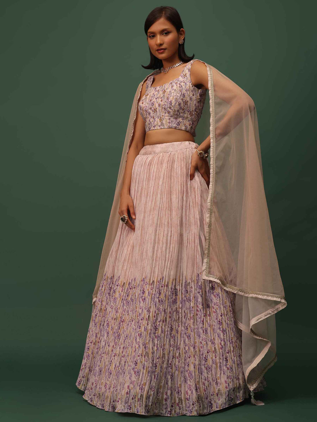 Enjoyable Peach Floral Printed Georgette Wedding Wear Lehenga Choli