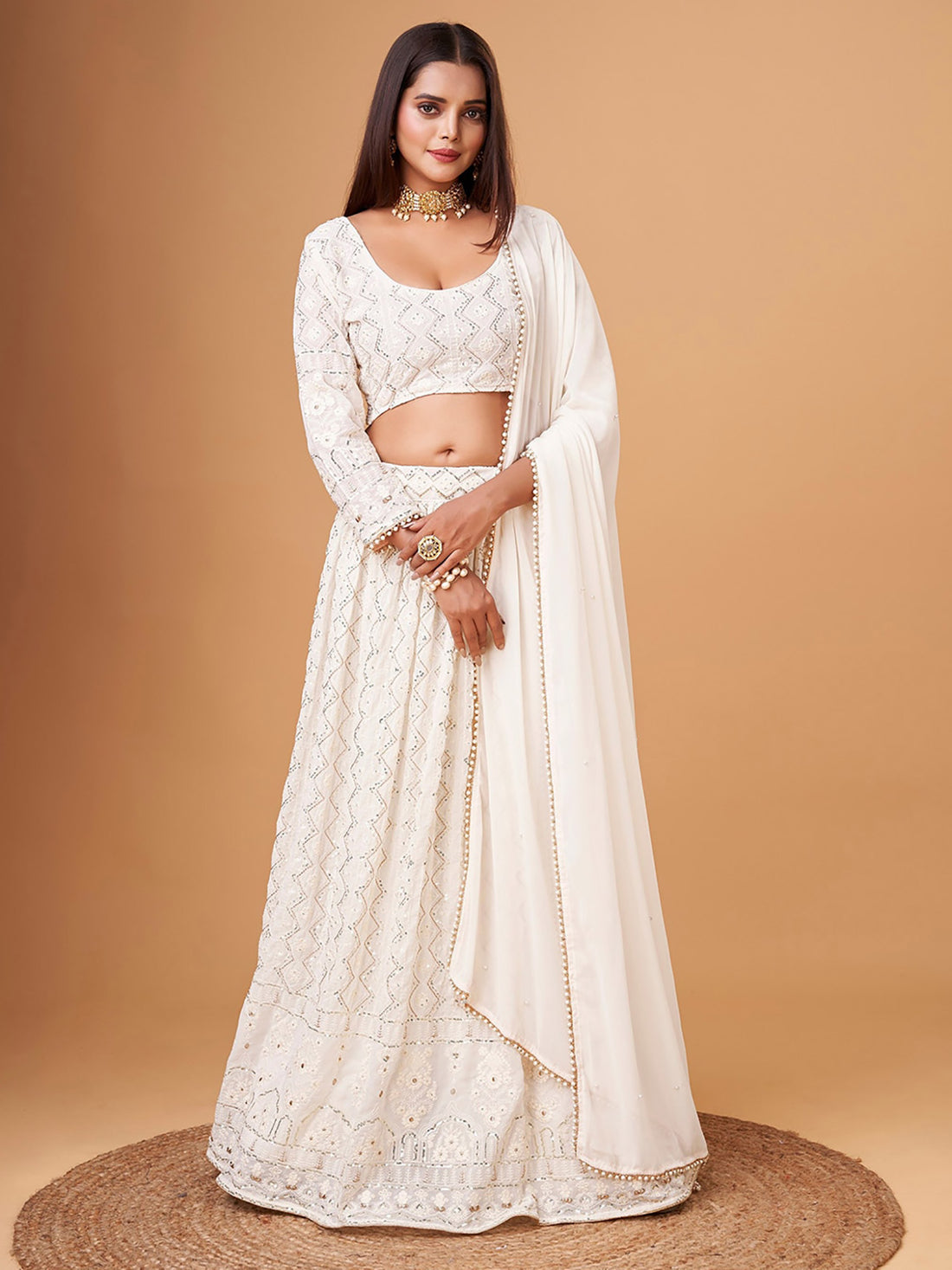 Mesmerizing White Thread Work Georgette Lehenga Choli With Dupatta